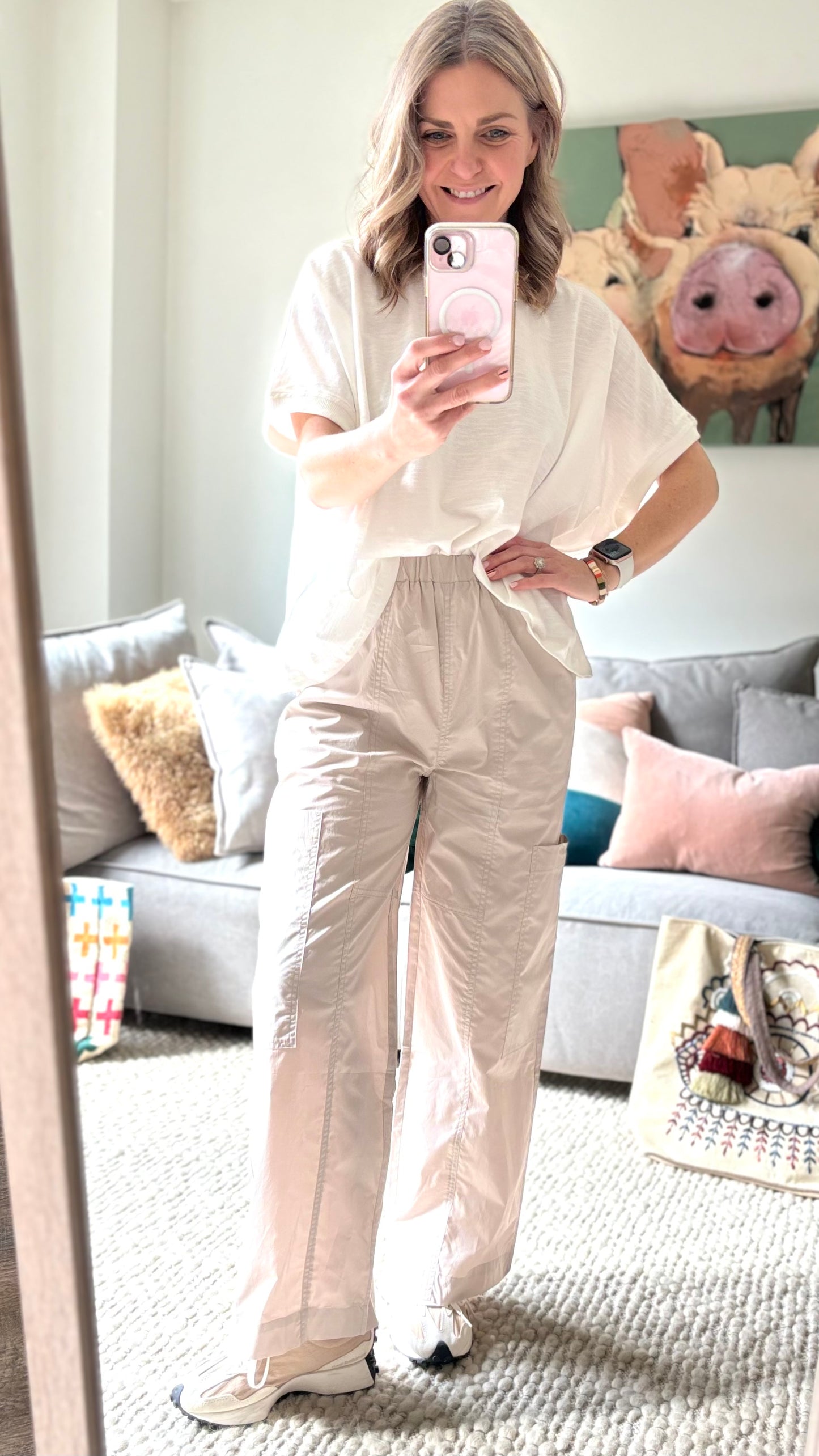 Women's pull on ultra light weight stone color poplin cargo ankle length pant