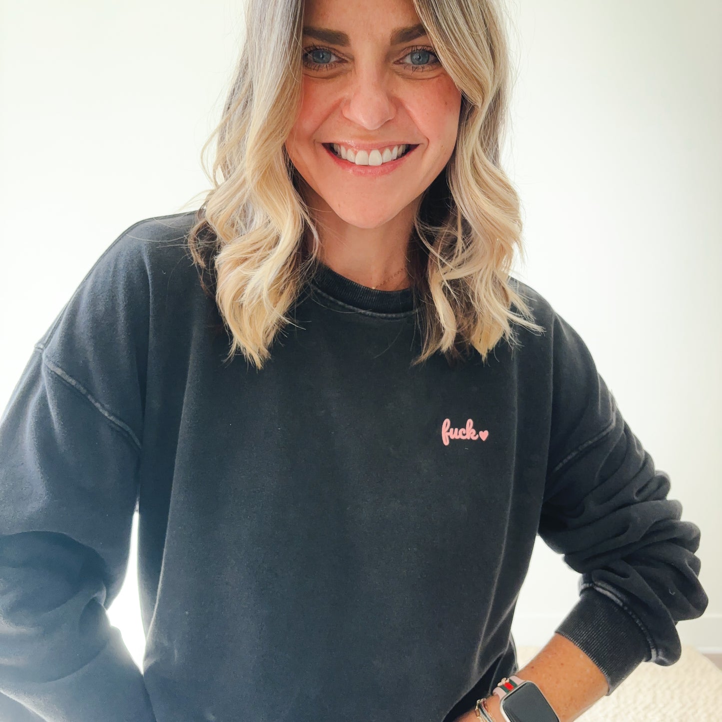 Washed Black Fuck Heart Long Sleeve Raw Edge Sweatshirt