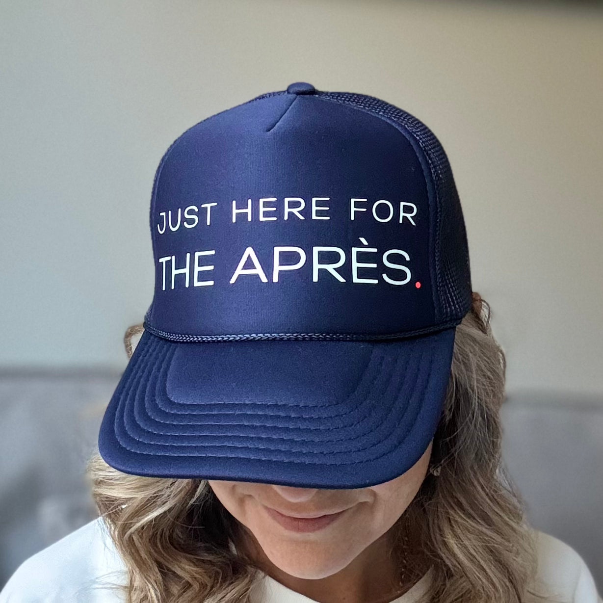 Navy Blue Mid Profile Women's Trucker Hat with Just Here for the Apres Ivory Pearl Print