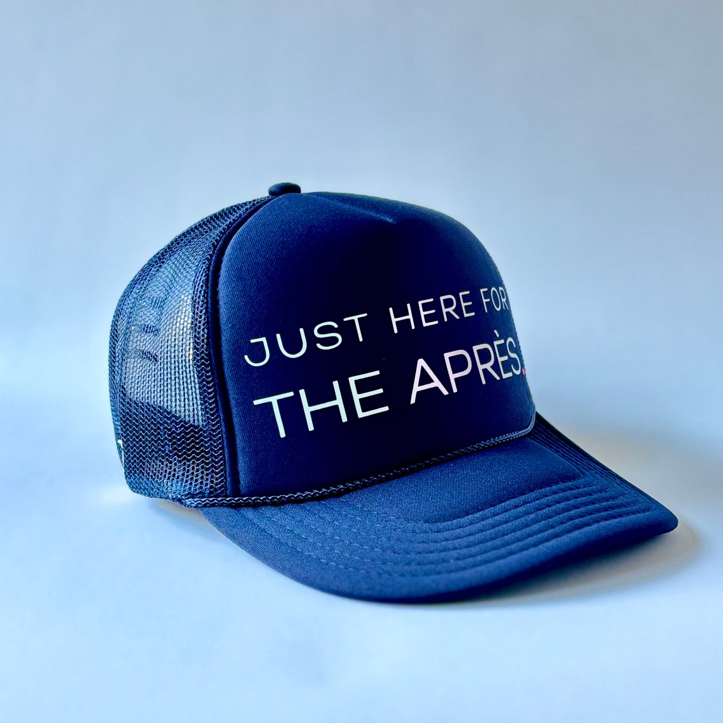 Navy Blue Mid Profile Women's Trucker Hat with Just Here for the Apres Ivory Pearl Print