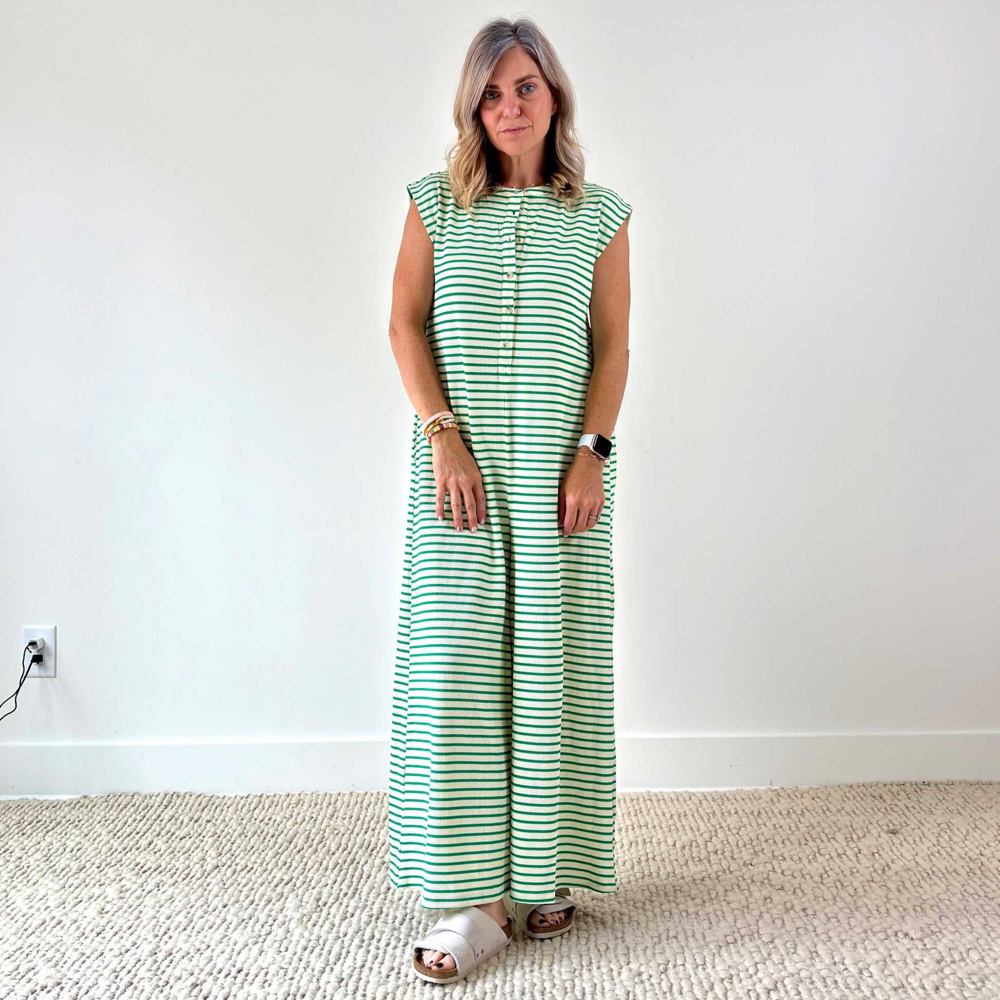 Green and white stripe wide leg button front jumpsuit