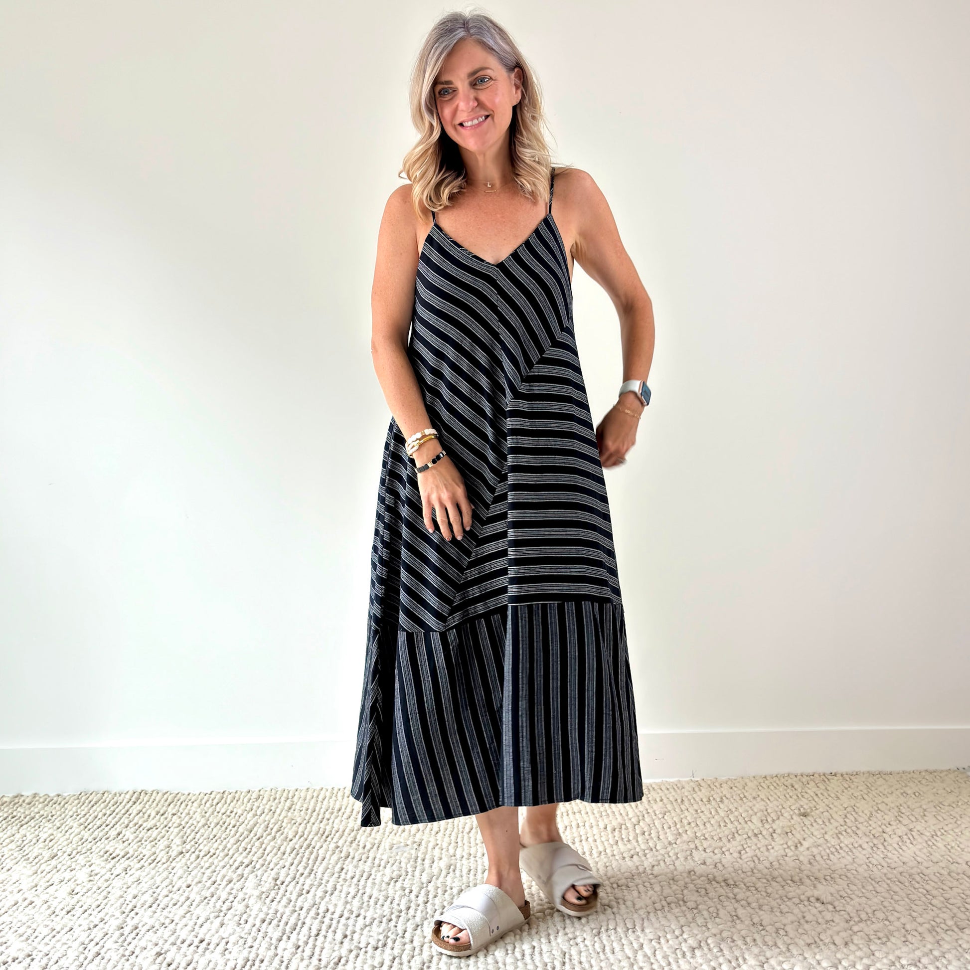 Women's black and white bias stripe tank midi dress