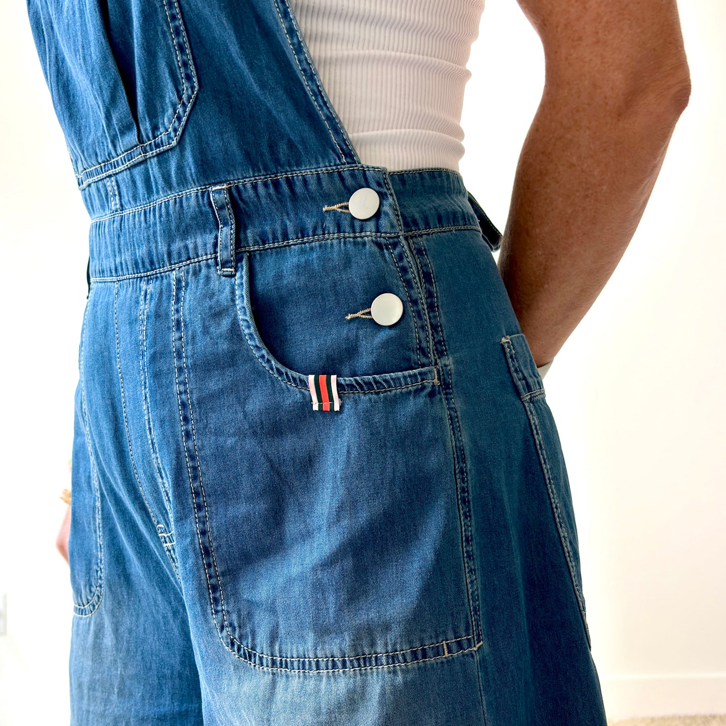 Women's Light Weight Wide Leg Medium Wash Cropped Denim Overall