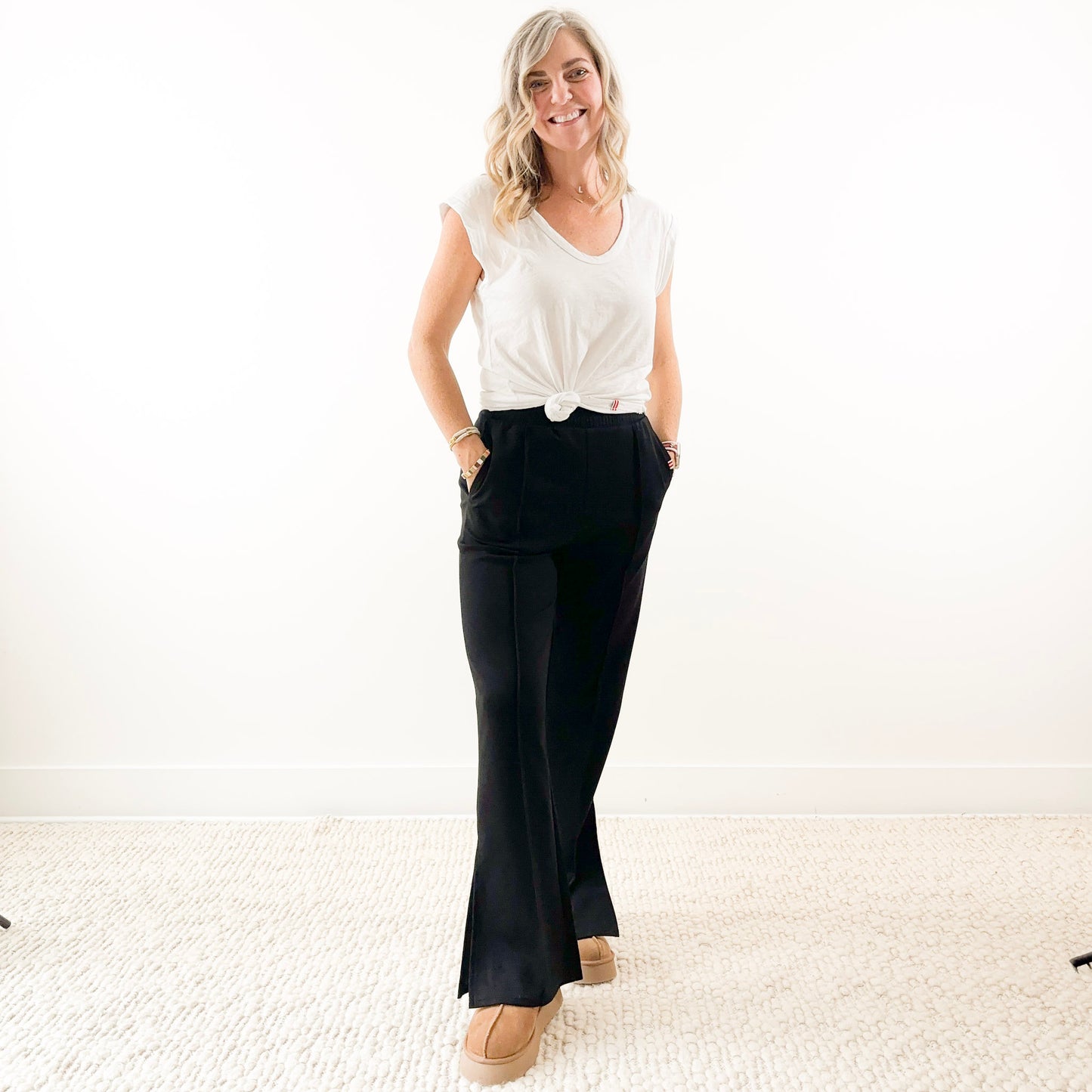 Wide Leg Front Seam Side Slit Lounge Pant