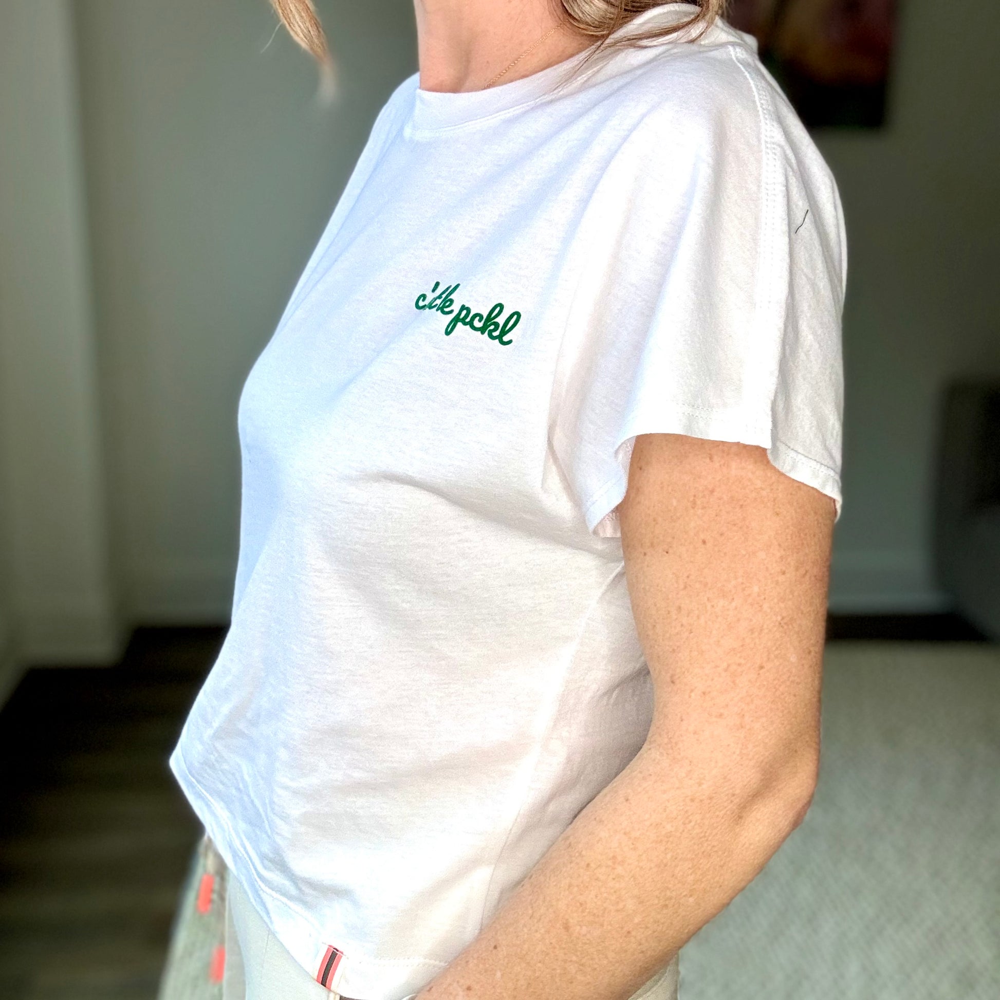 White short sleeve ultra soft t-shirt with green c'est le pickleball left chest graphic
