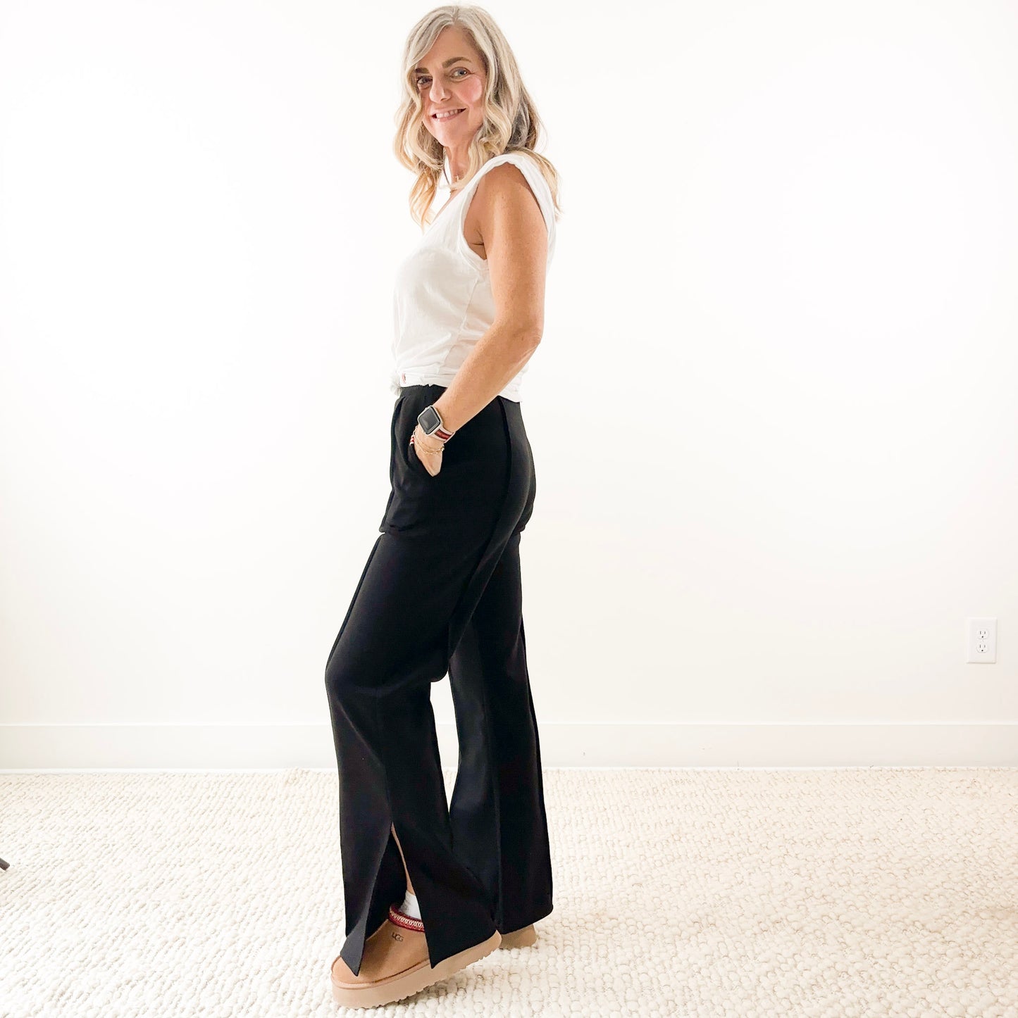 Wide Leg Front Seam Side Slit Lounge Pant