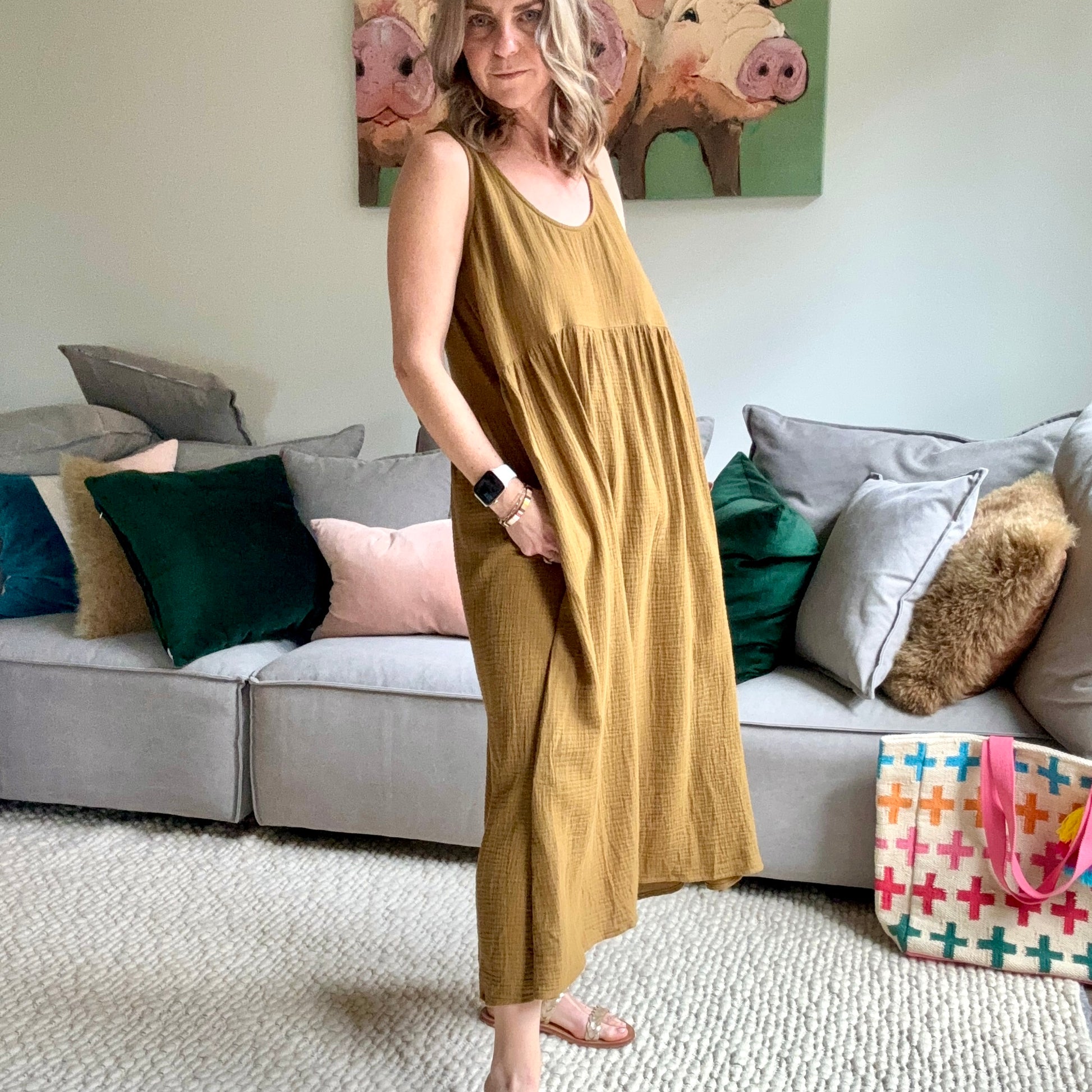 Caramel tobacco gauze tank style empire waist women's midi dress with pockets