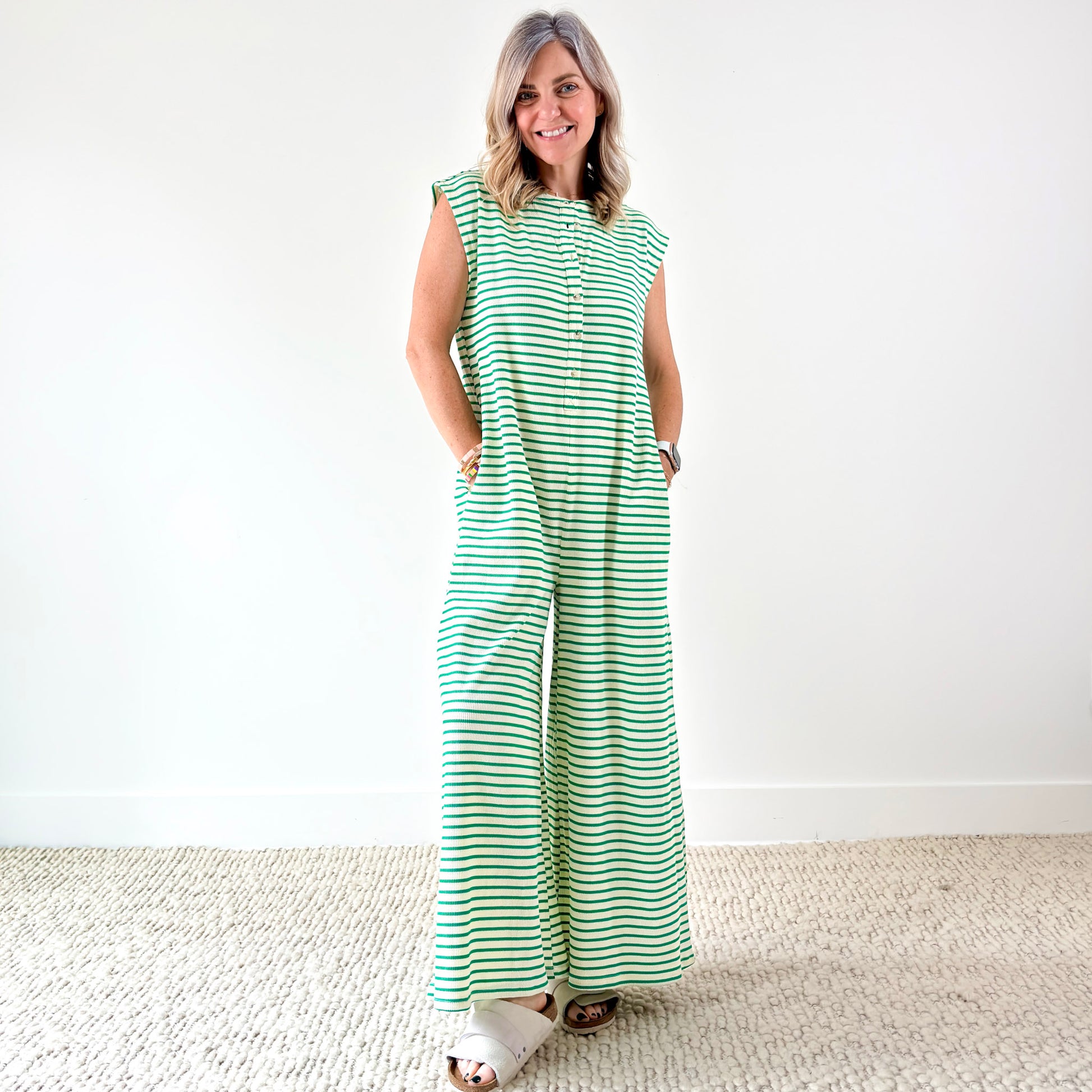 Green and white stripe wide leg button front jumpsuit