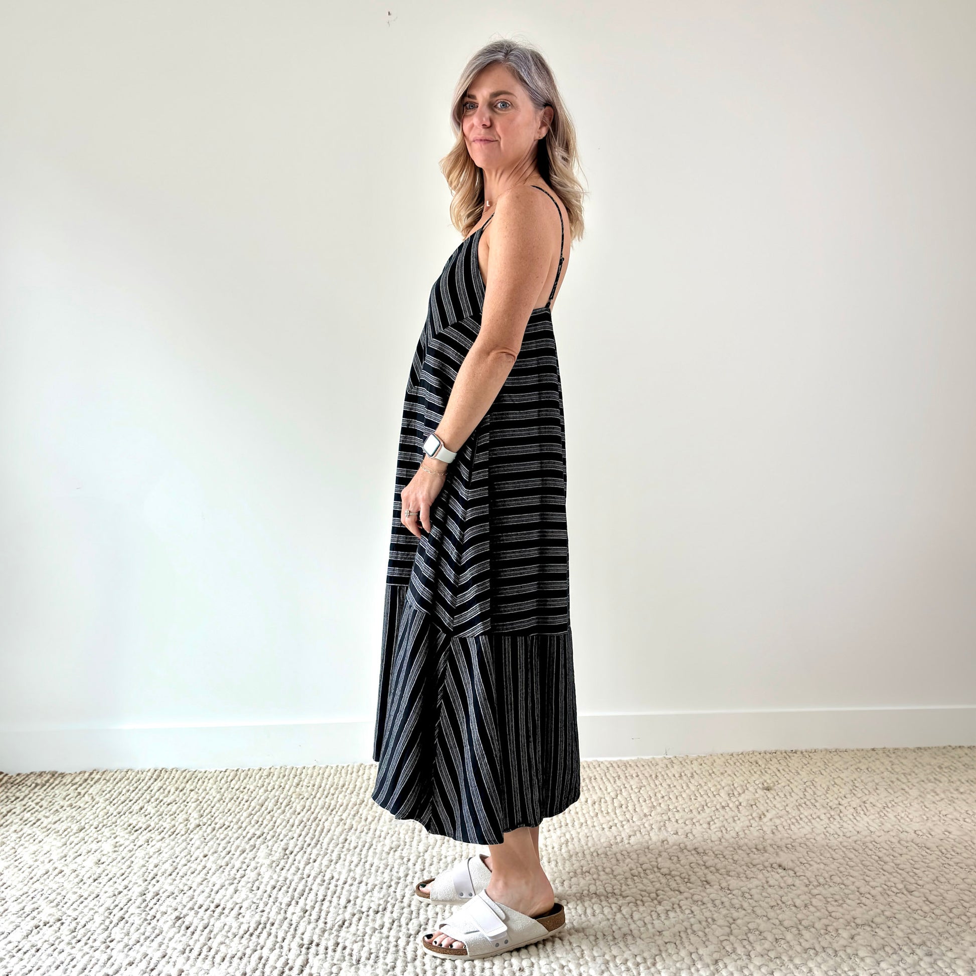 Women's black and white bias stripe tank midi dress