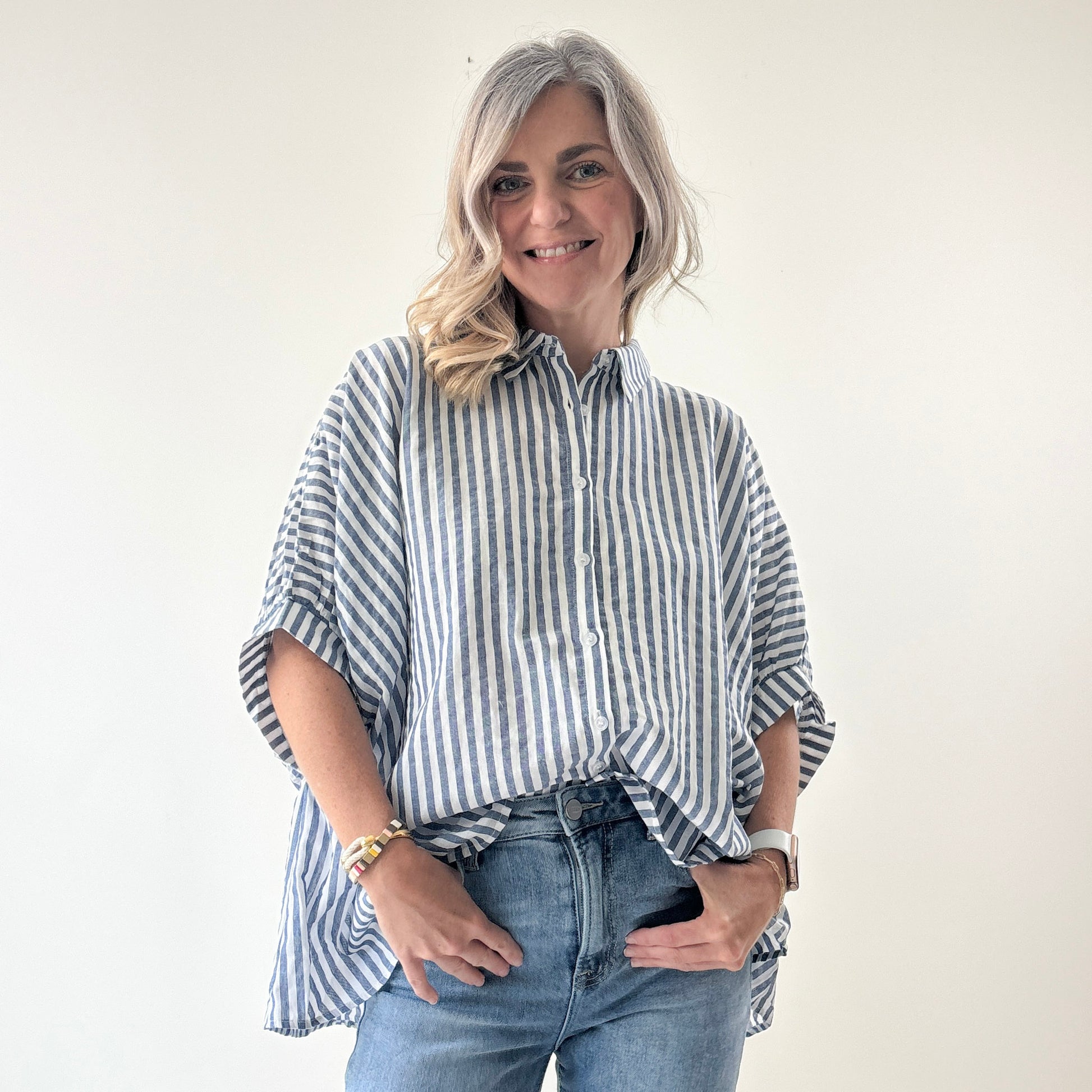 Navy and white stripe oversized button front top