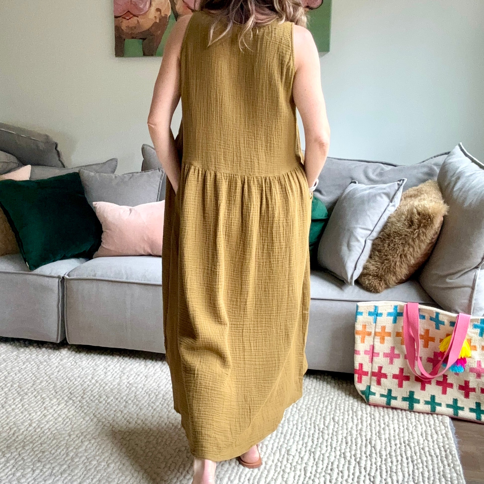 Caramel tobacco gauze tank style empire waist women's midi dress with pockets