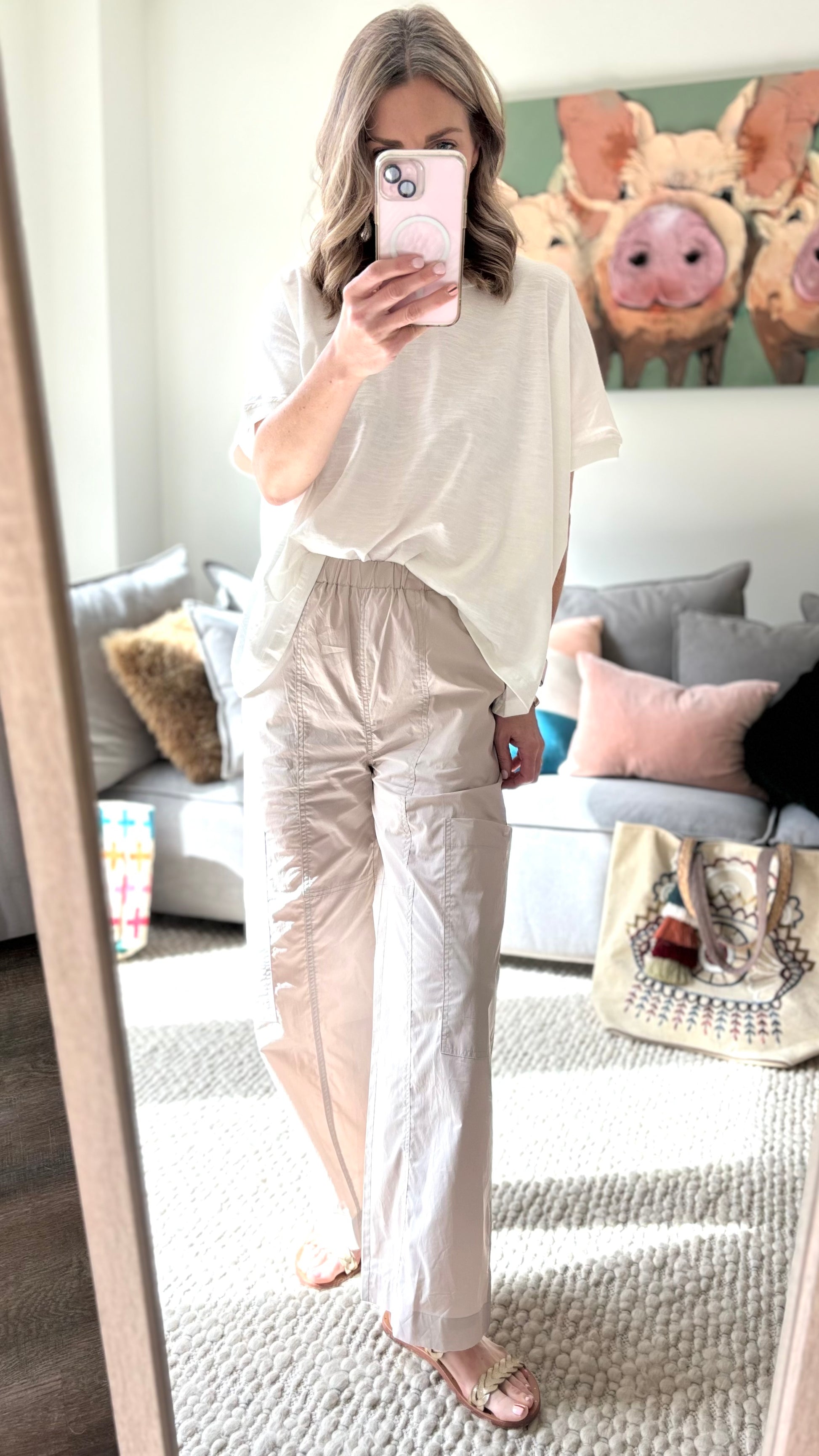 Women's pull on ultra light weight stone color poplin cargo ankle length pant
