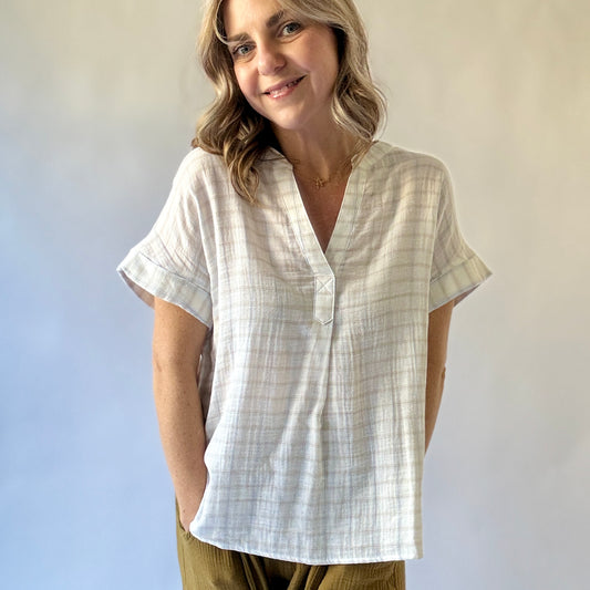 Women's white with blue and tan windowpane easy gauze split neck cuffed short sleeve top blouse
