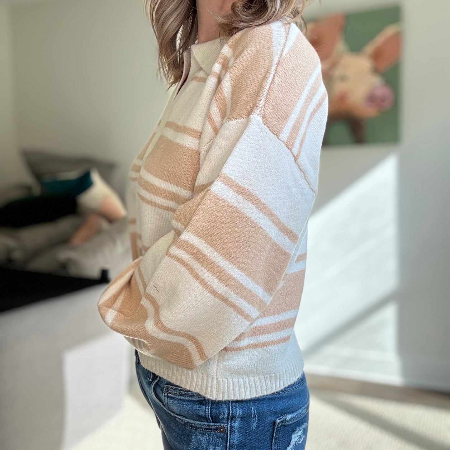 Tan and ivory striped polo collar sweater with balloon sleeve and rib cuff at wrists