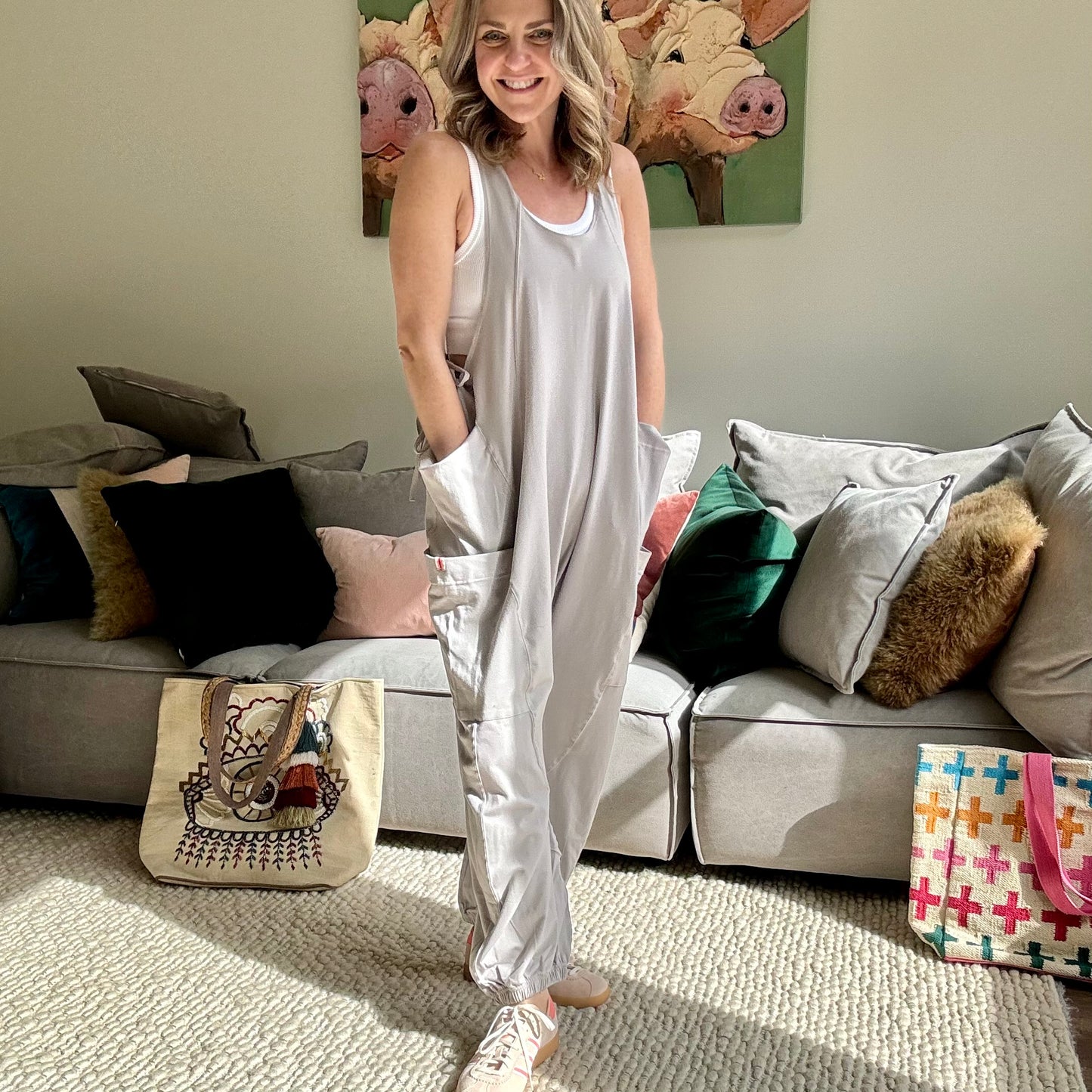 Women's Light Grey Knit Tank jumpsuit romper with cargo pockets side ties and gathered elastic hem