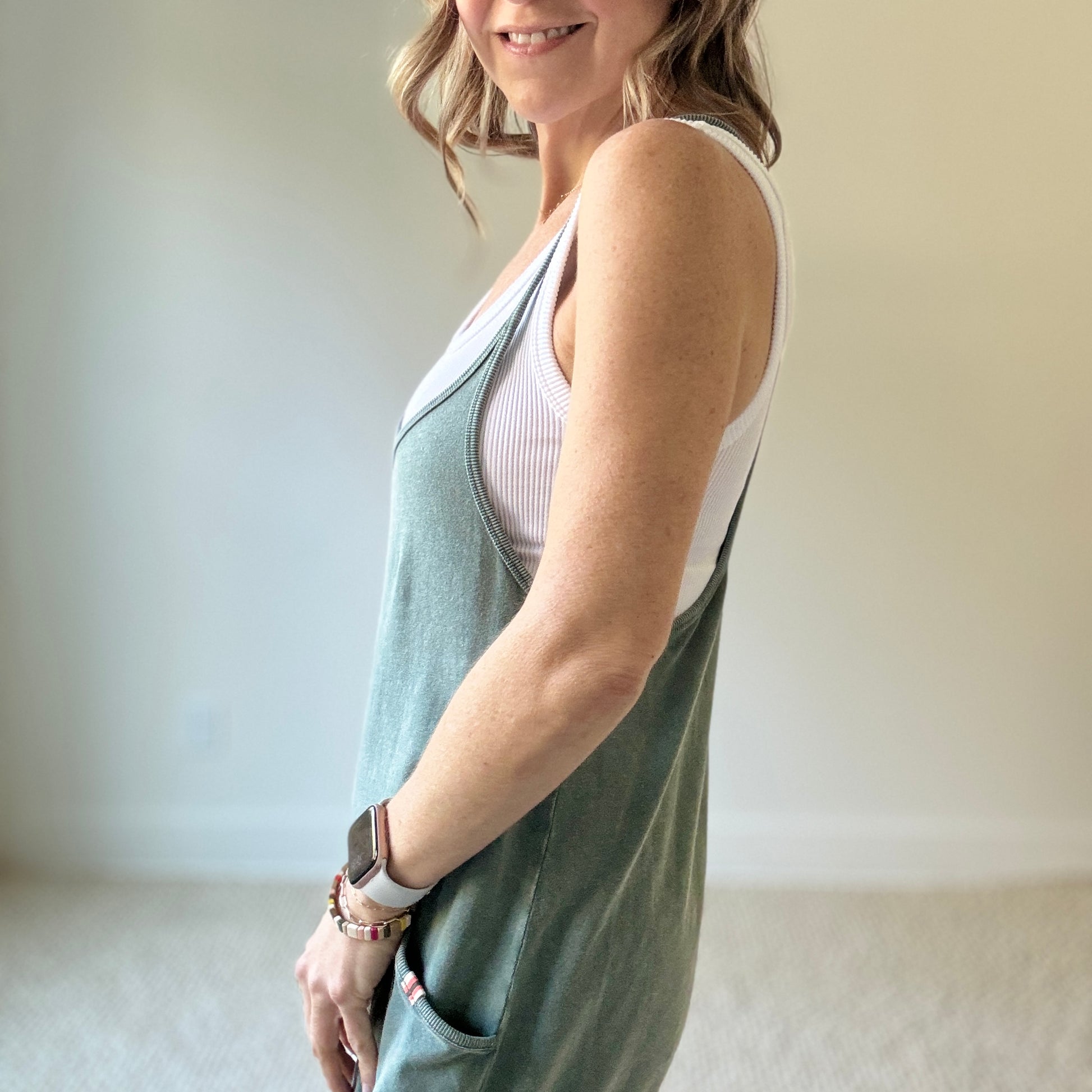 Women's mineral wash grey green easy knit short romper with pockets