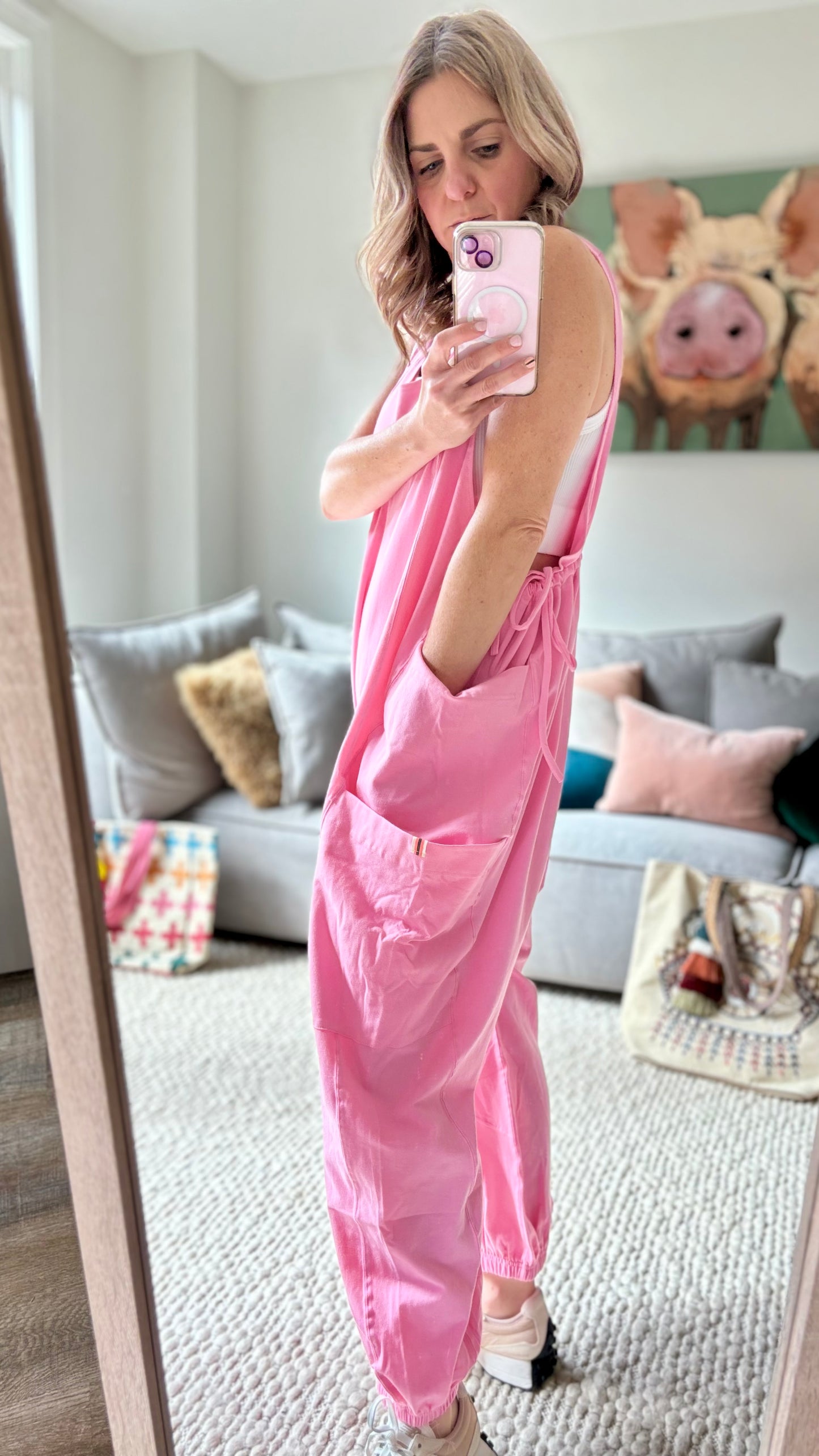 Women's Pink Knit Tank jumpsuit romper with cargo pockets side ties and gathered elastic hem