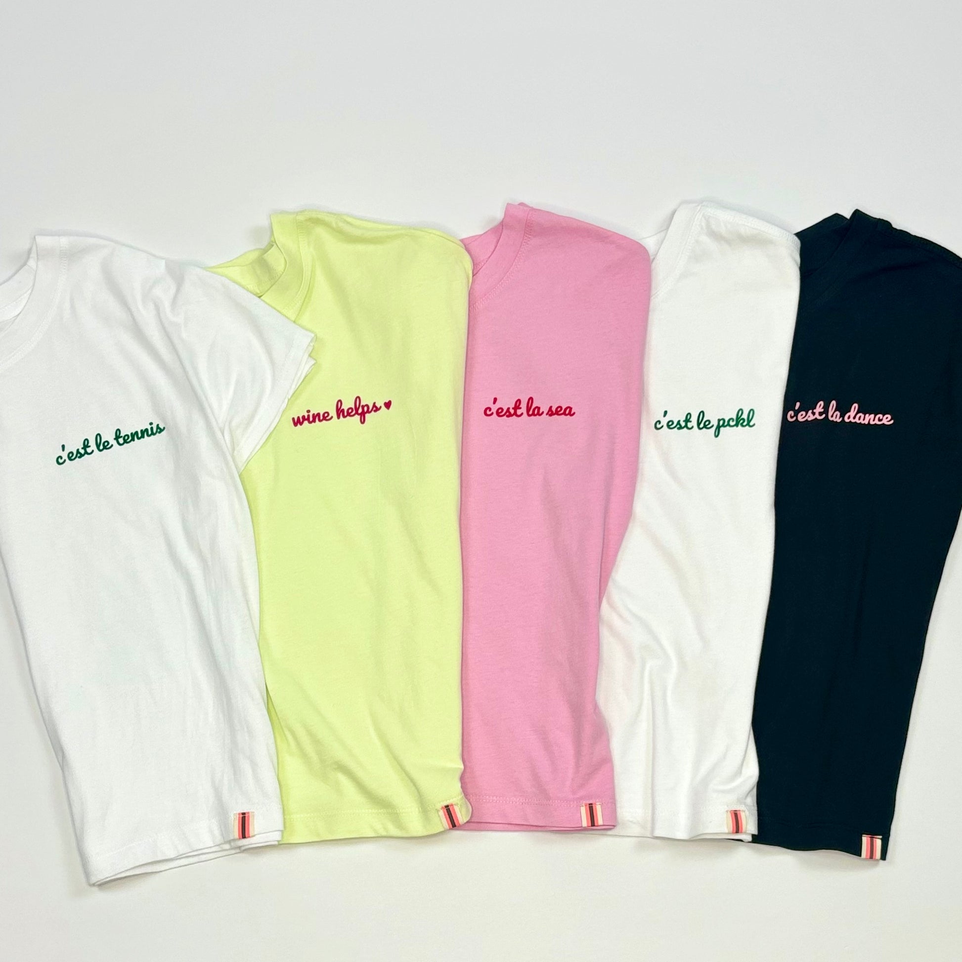 White short sleeve ultra soft t-shirt with green c'est le pickleball left chest graphic