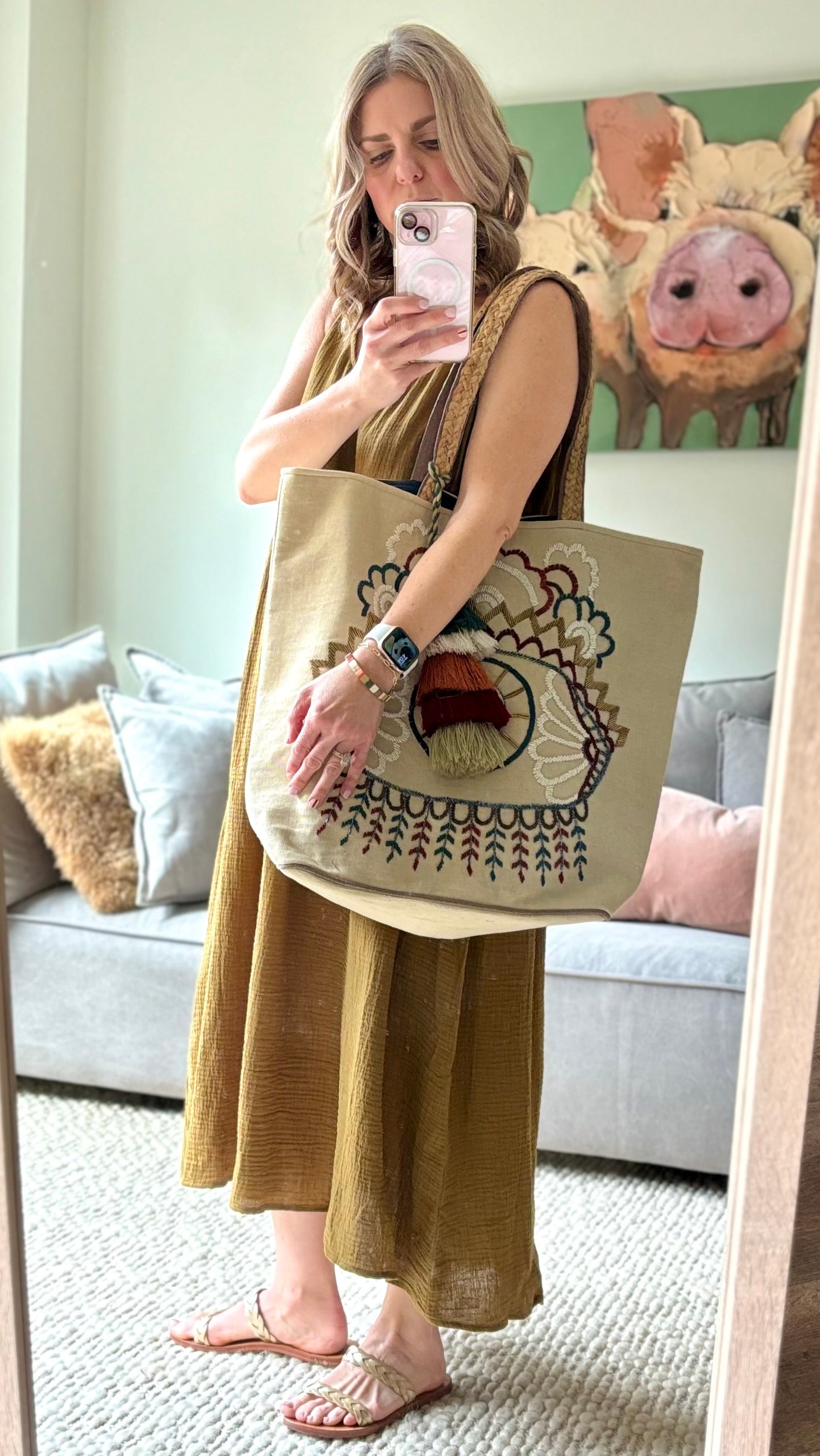 Caramel tobacco gauze tank style empire waist women's midi dress with pockets