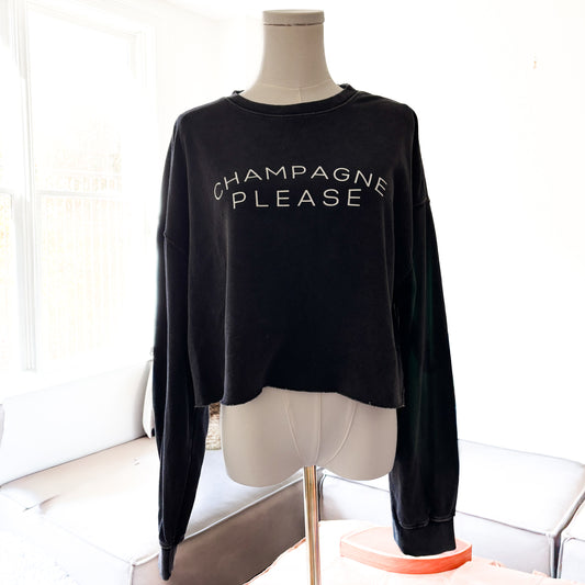 SALE Black Champagne Please Long Sleeve Raw Edge Sweatshirt