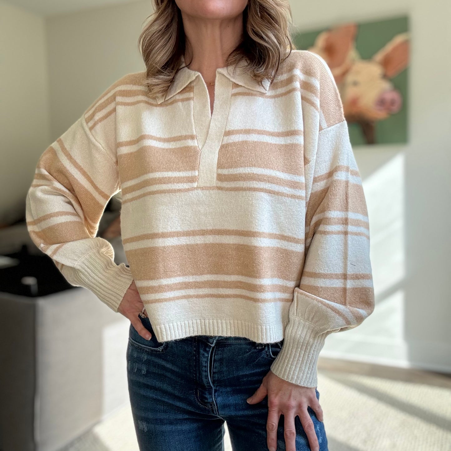 Tan and ivory striped polo collar sweater with balloon sleeve and rib cuff at wrists