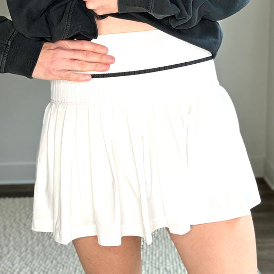 Ivory high rise ribbed waistband pleated woven tennis and pickleball skirt with short lining