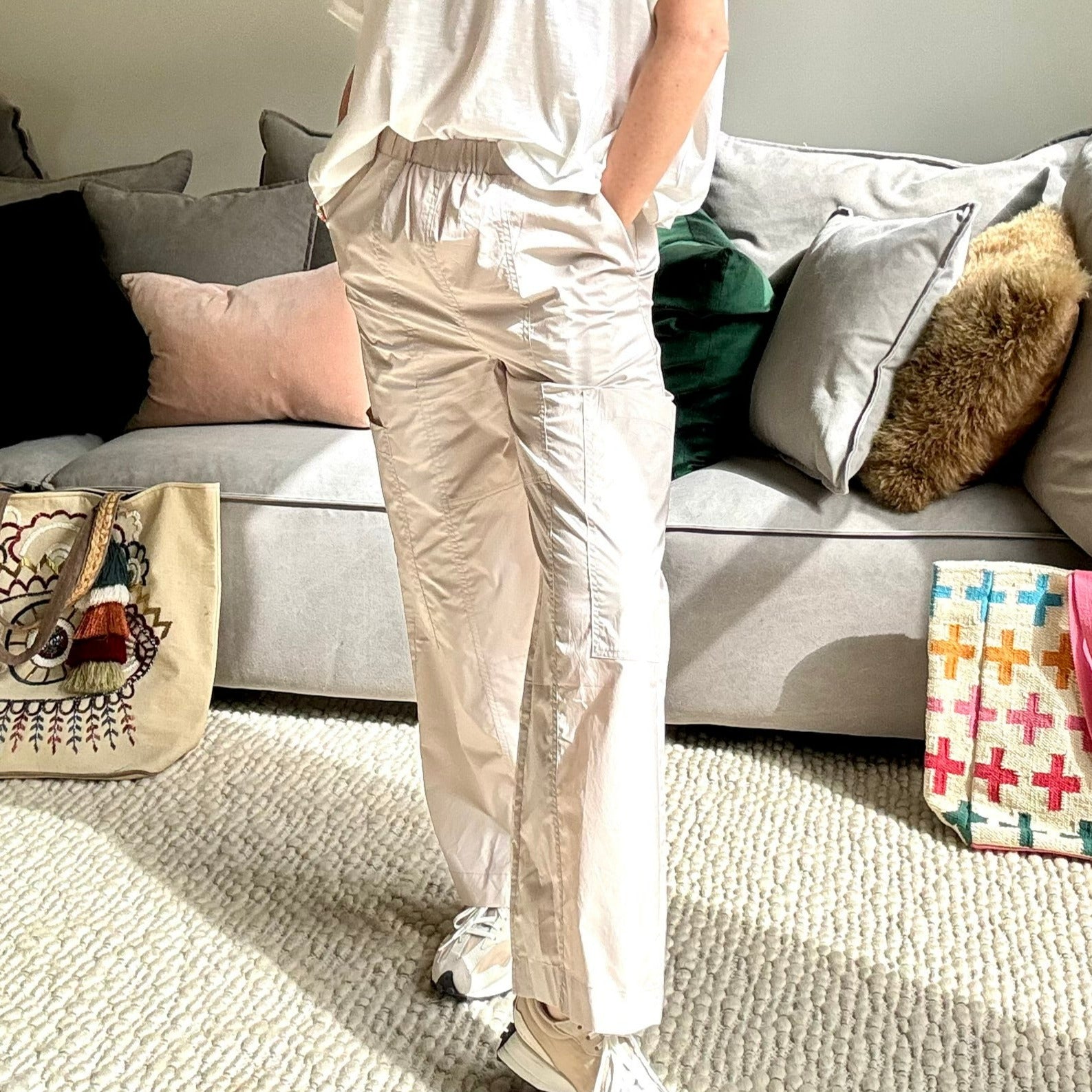 Women's pull on ultra light weight stone color poplin cargo ankle length pant