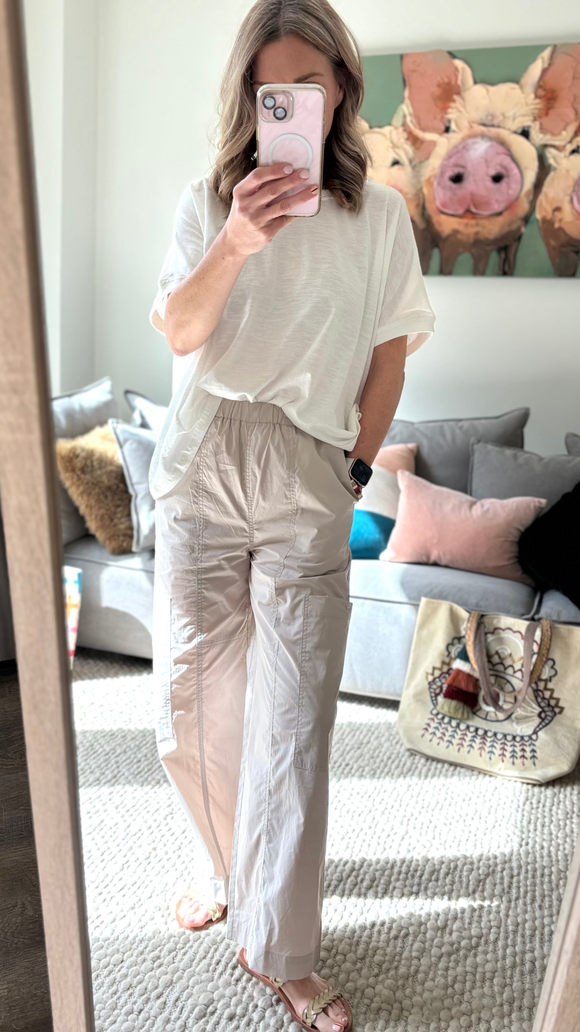 Women's pull on ultra light weight stone color poplin cargo ankle length pant