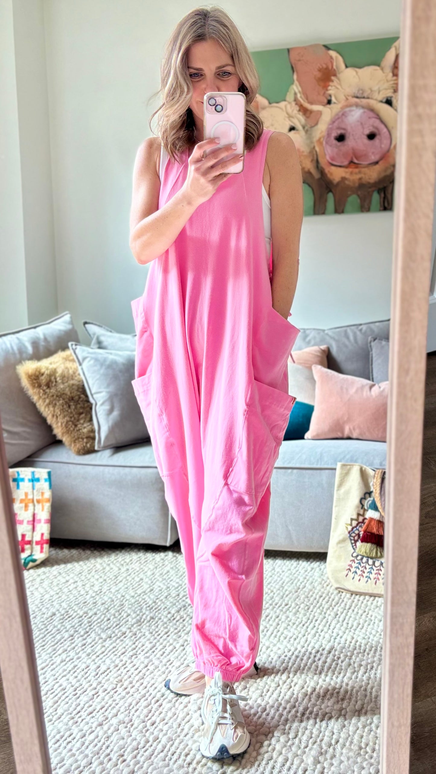Women's Pink Knit Tank jumpsuit romper with cargo pockets side ties and gathered elastic hem
