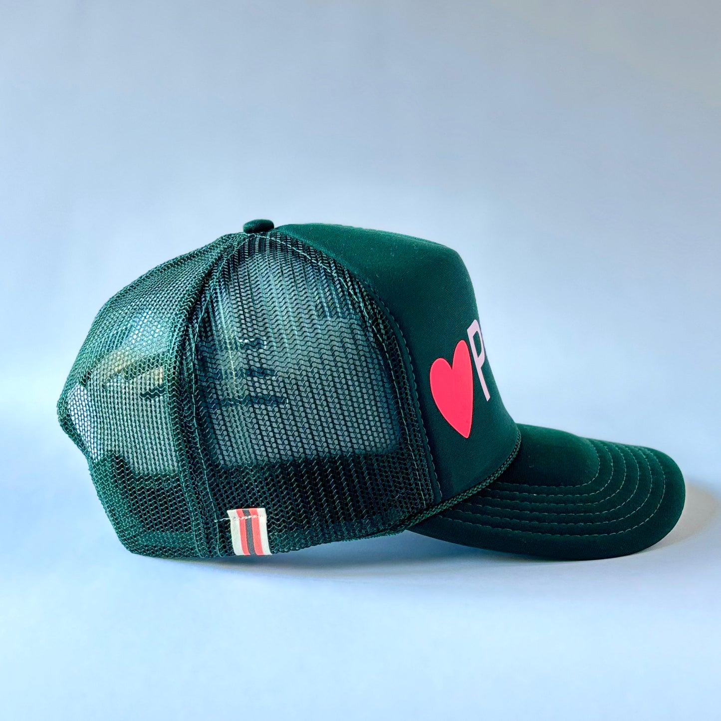 Dark green with pink heart pickleball high profile trucker