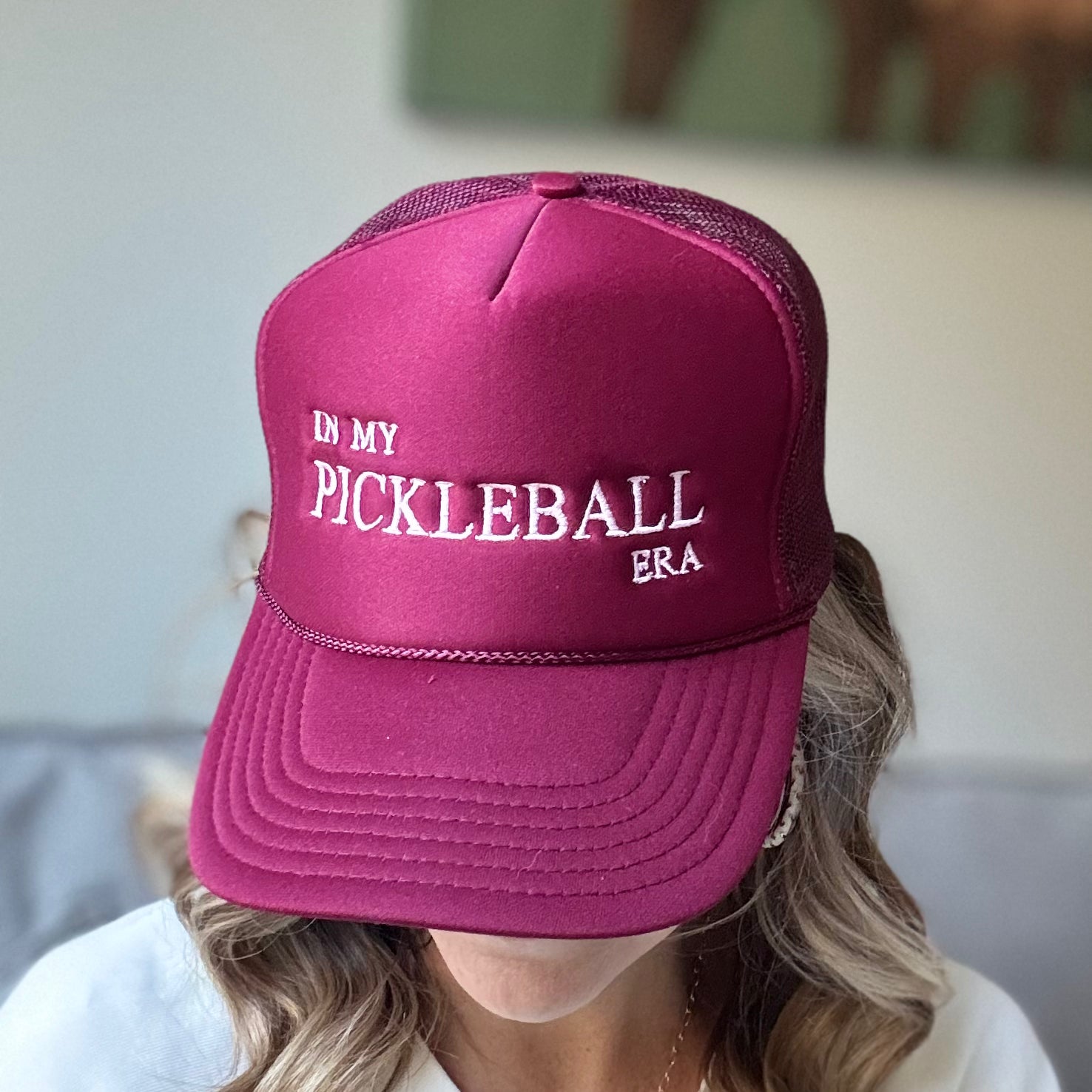Burgandy in my pickleball era high profile trucker hat