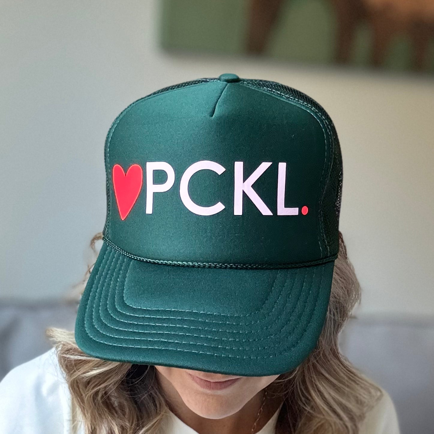 Dark green with pink heart pickleball high profile trucker