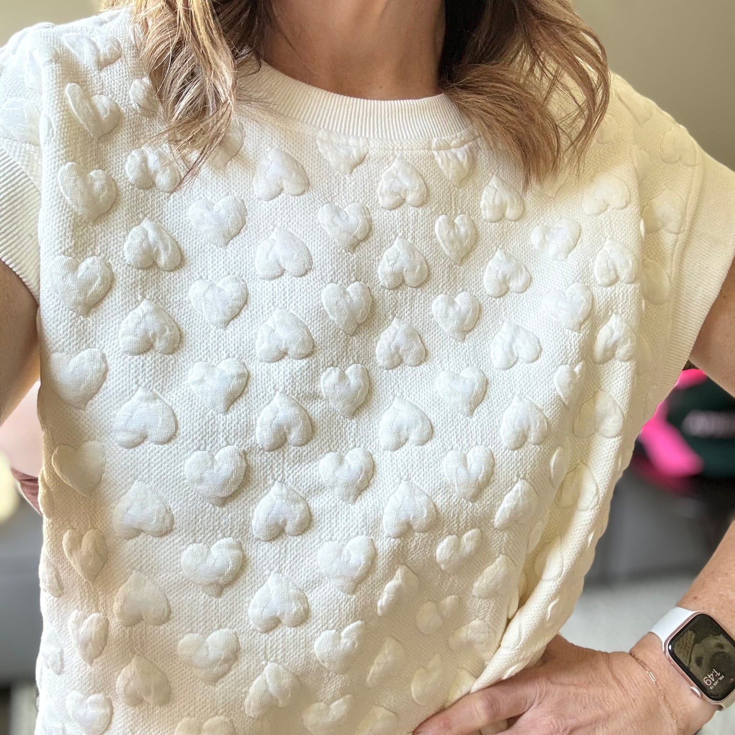 Ivory textured heart cap sleeve sweatshirt