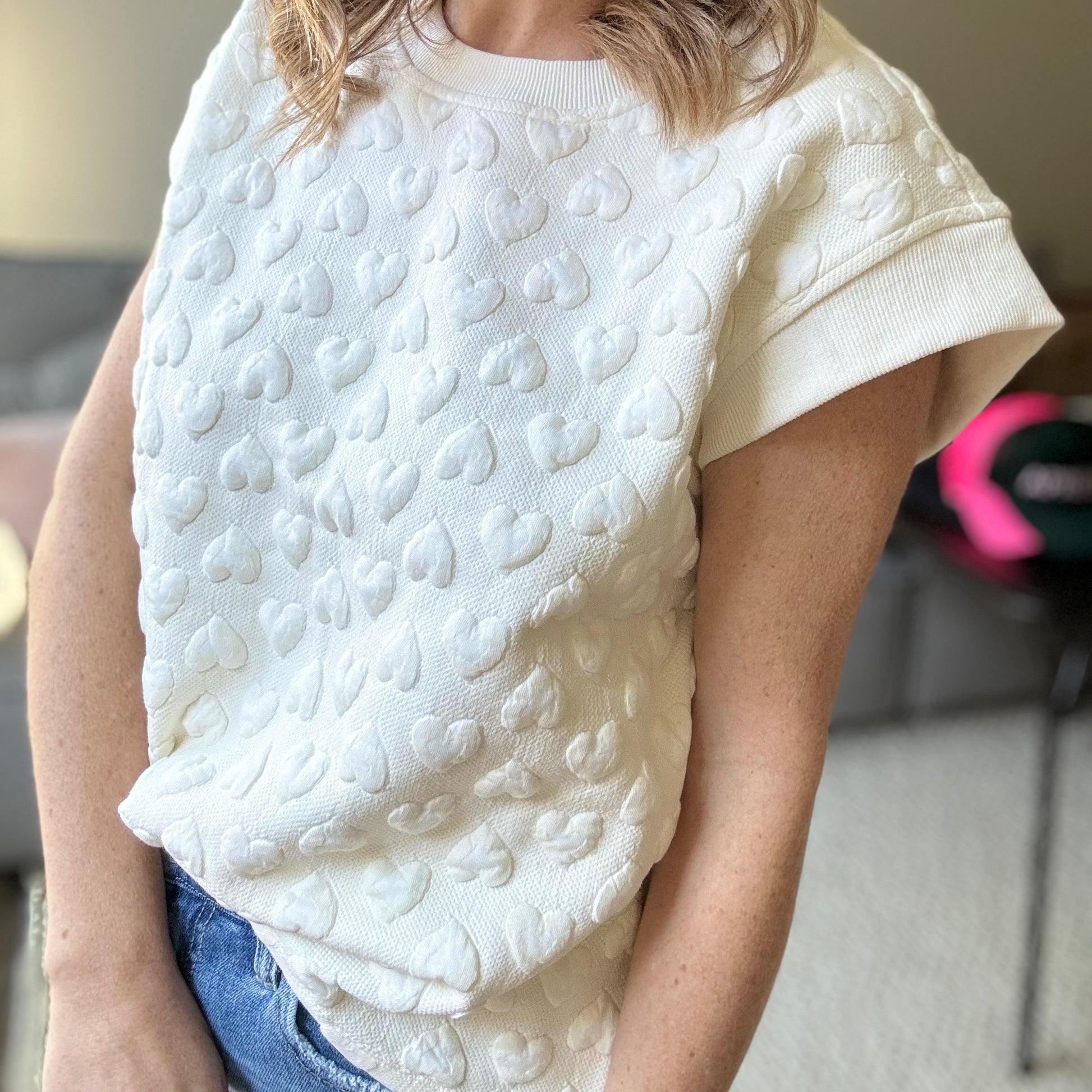 Ivory textured heart cap sleeve sweatshirt