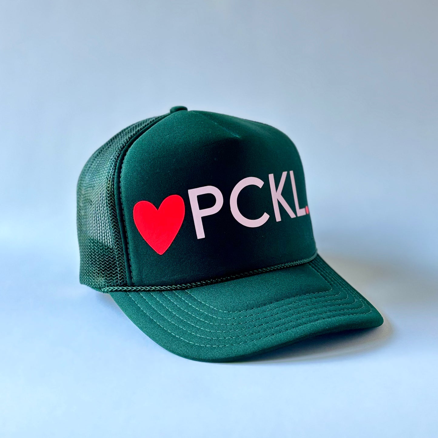 Dark green with pink heart pickleball high profile trucker