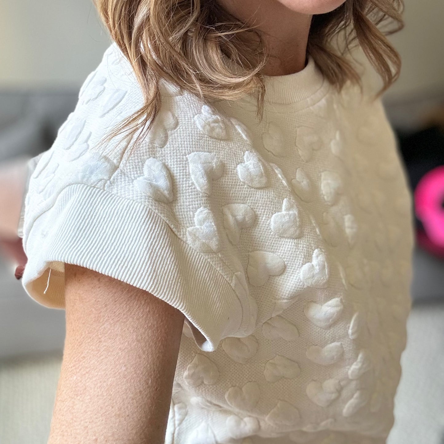 Ivory textured heart cap sleeve sweatshirt