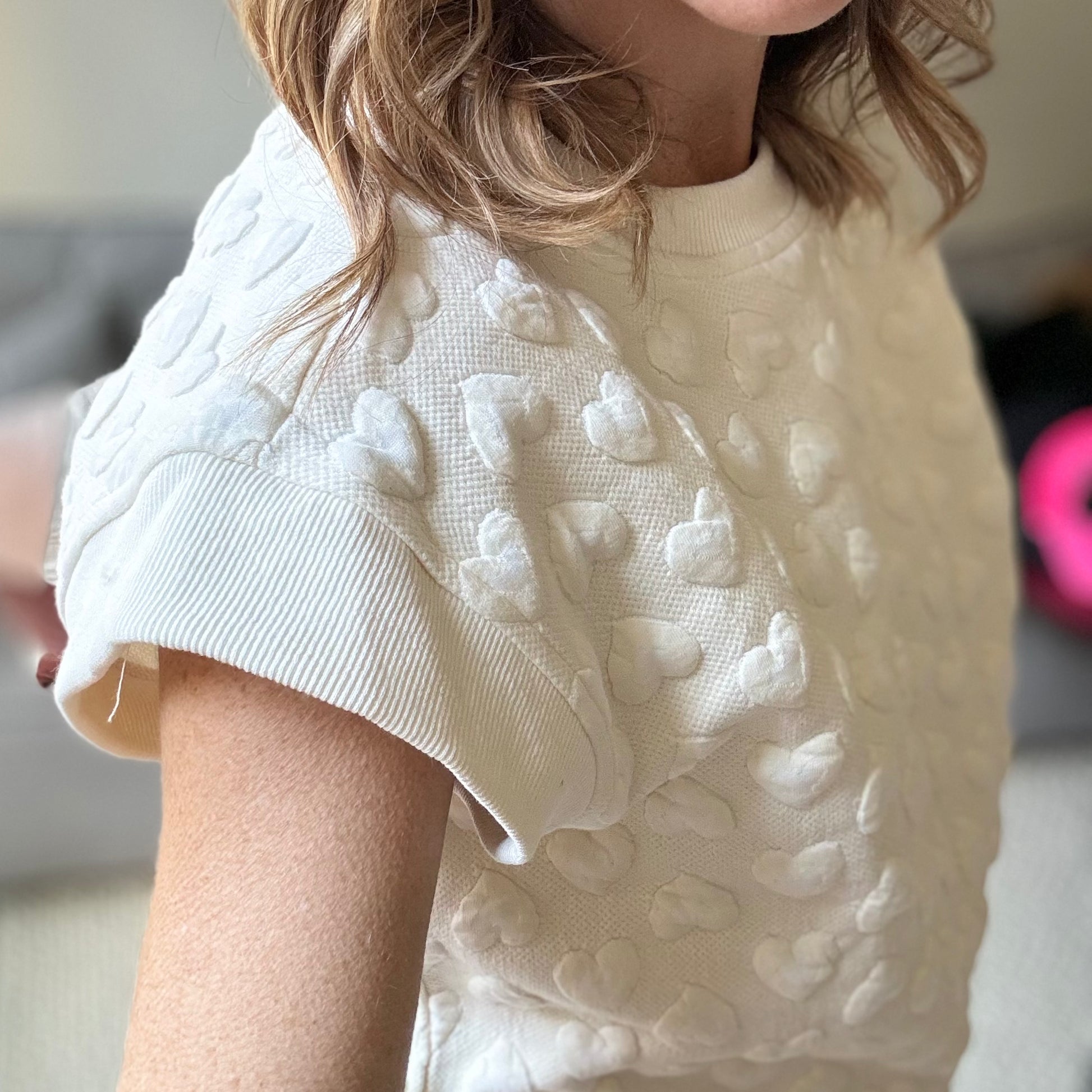 Ivory textured heart cap sleeve sweatshirt