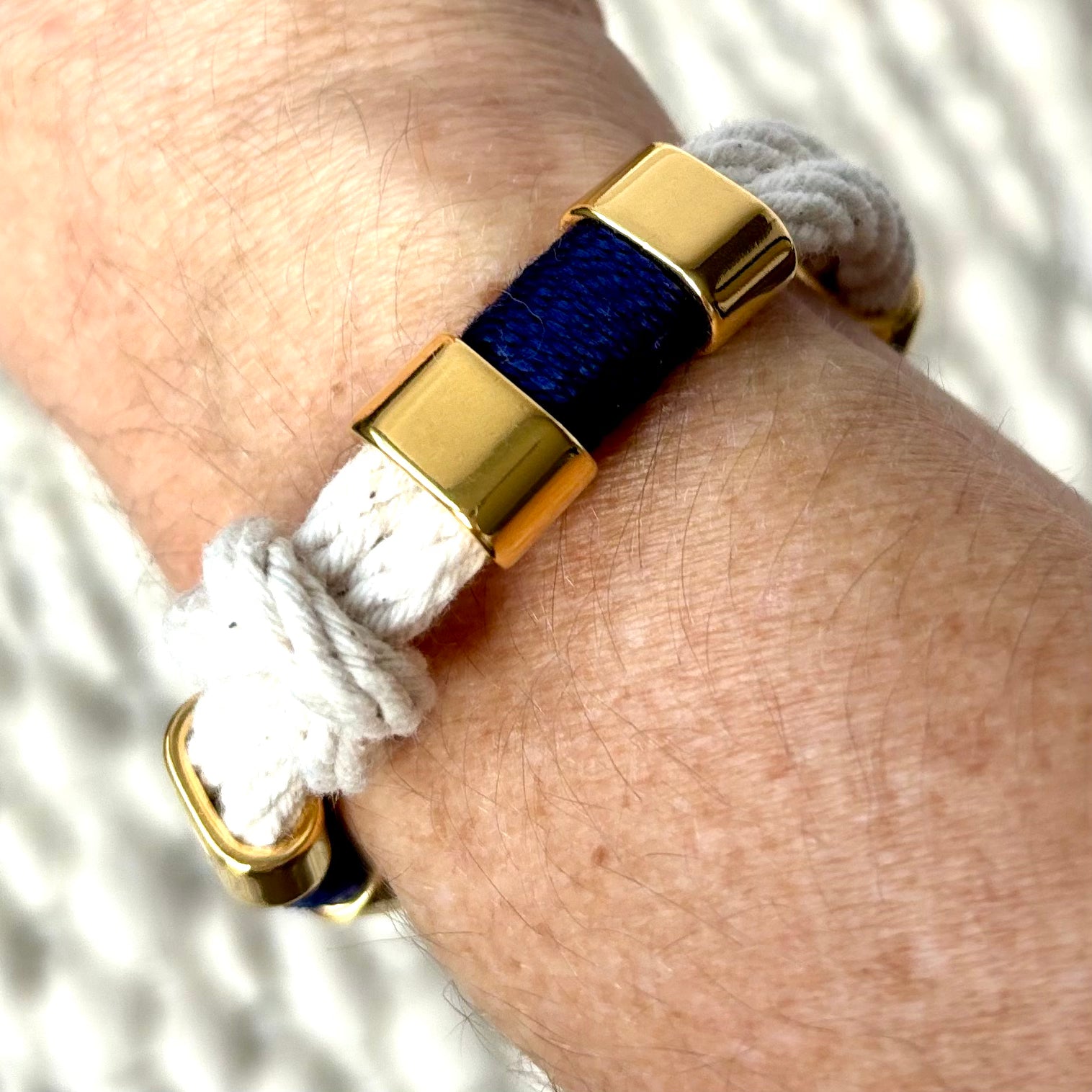 Nautical ivory knot rope braelet with navy and gold details