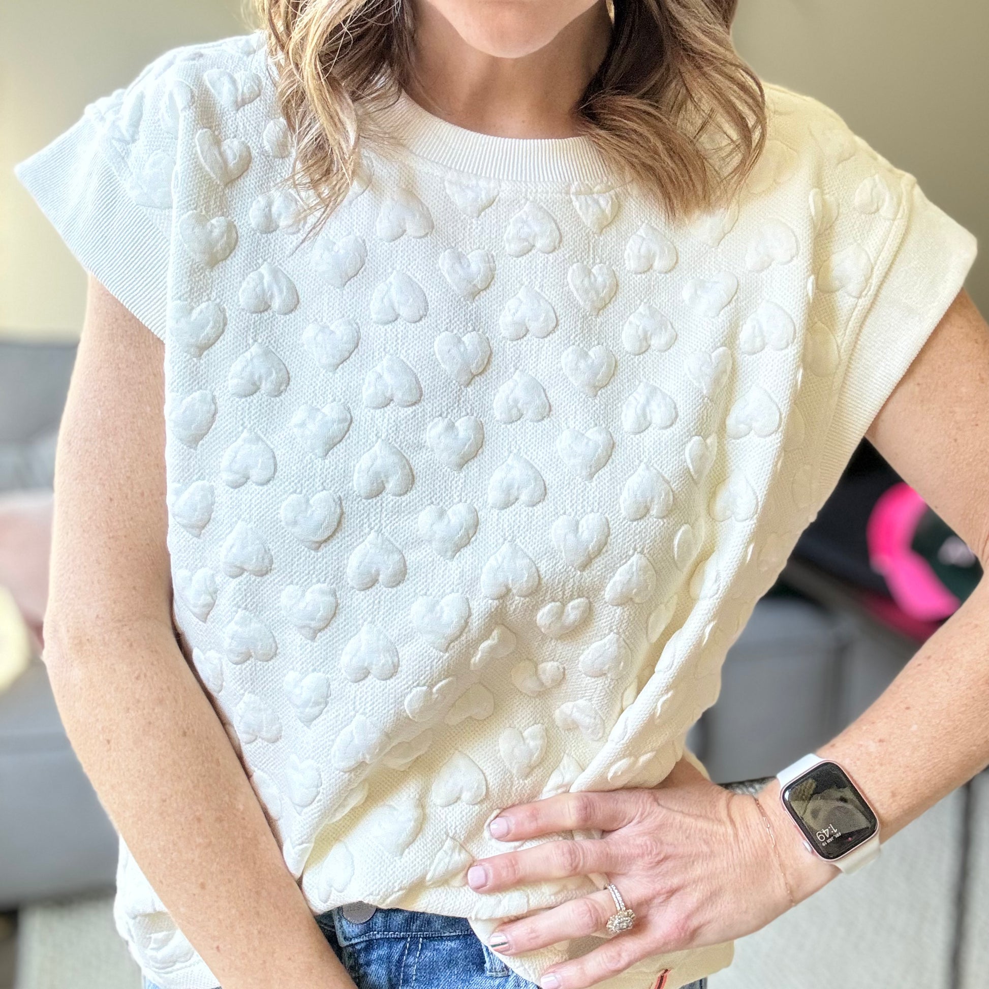 Ivory textured heart cap sleeve sweatshirt