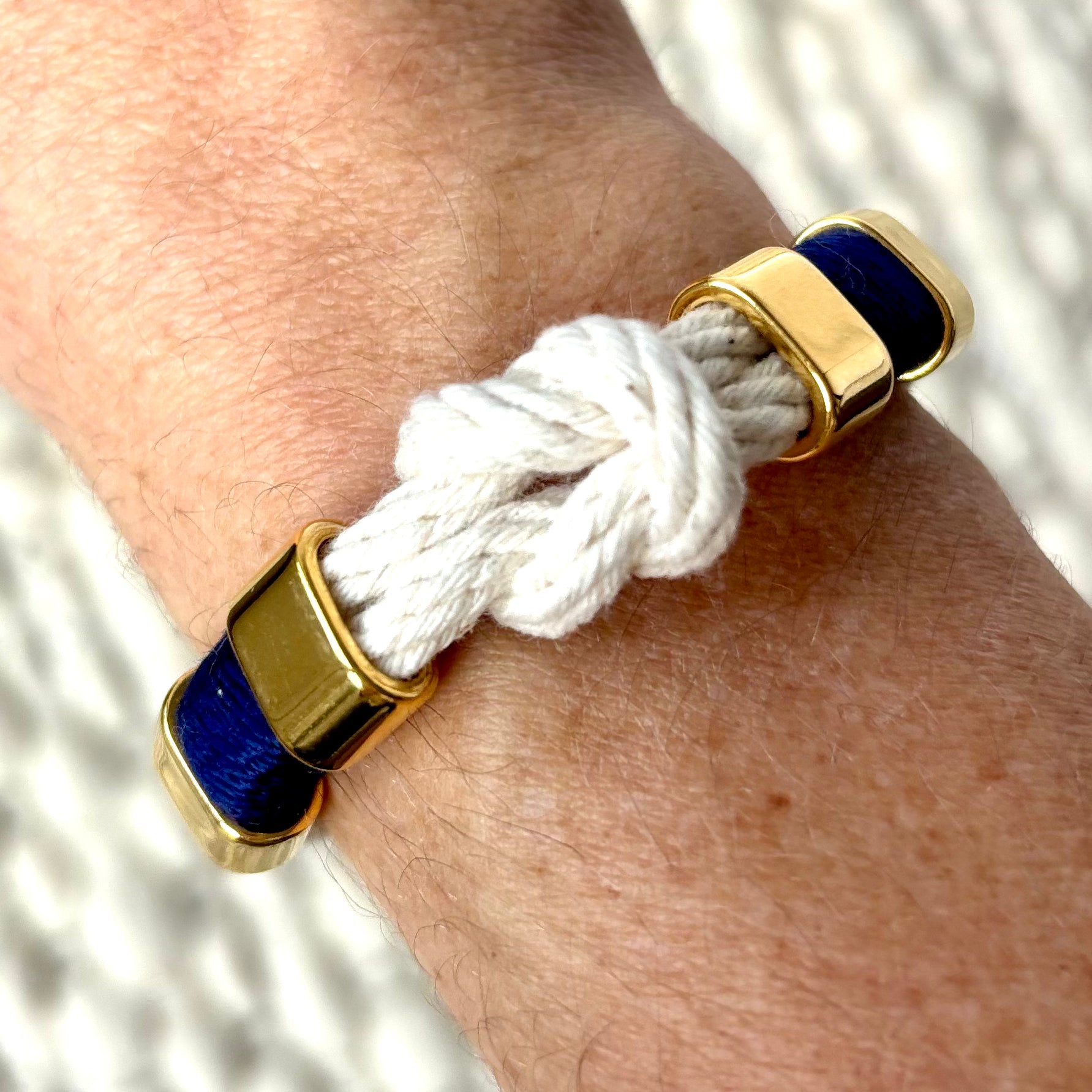 Nautical ivory knot rope braelet with navy and gold details