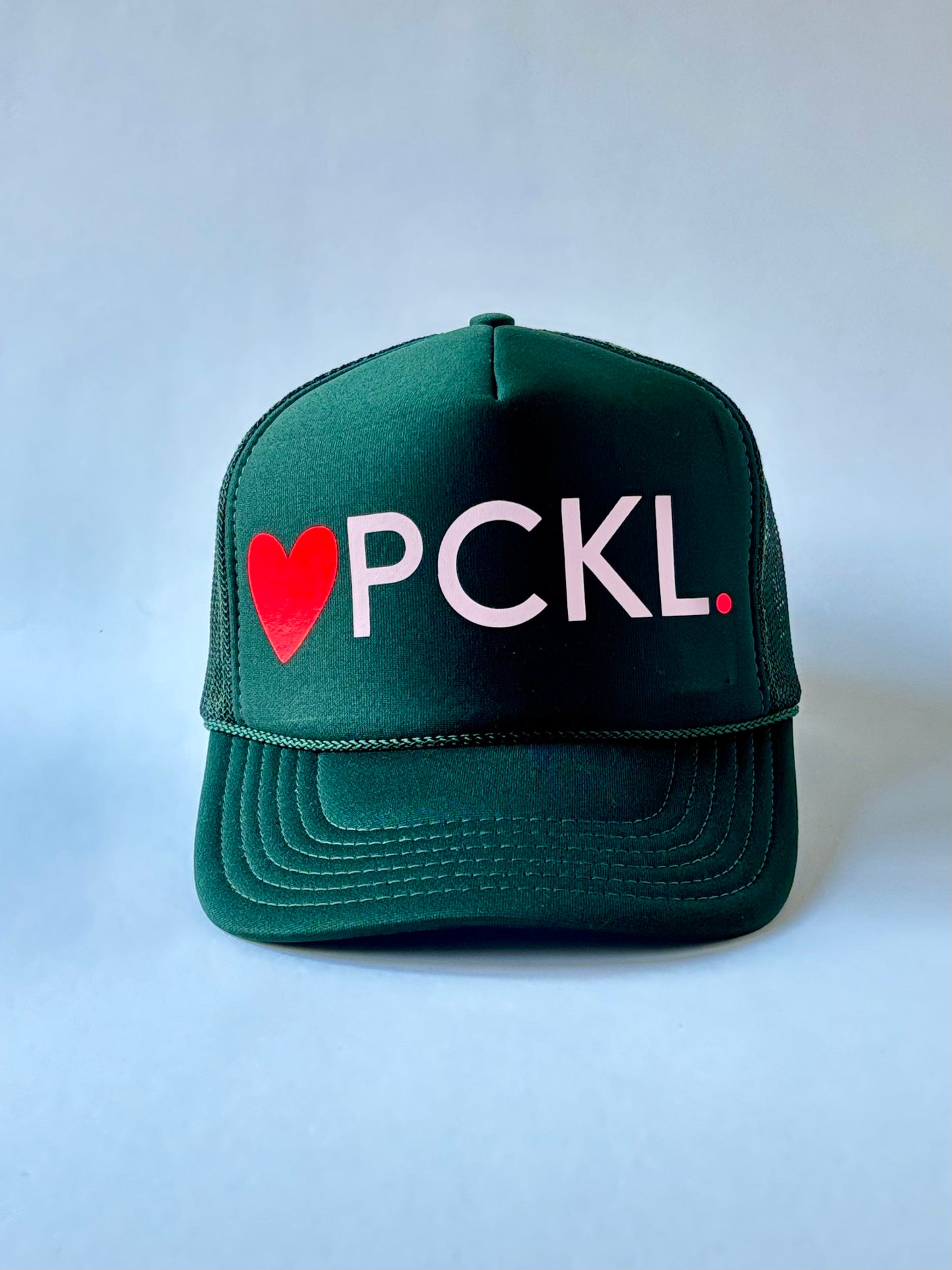 Dark green with pink heart pickleball high profile trucker