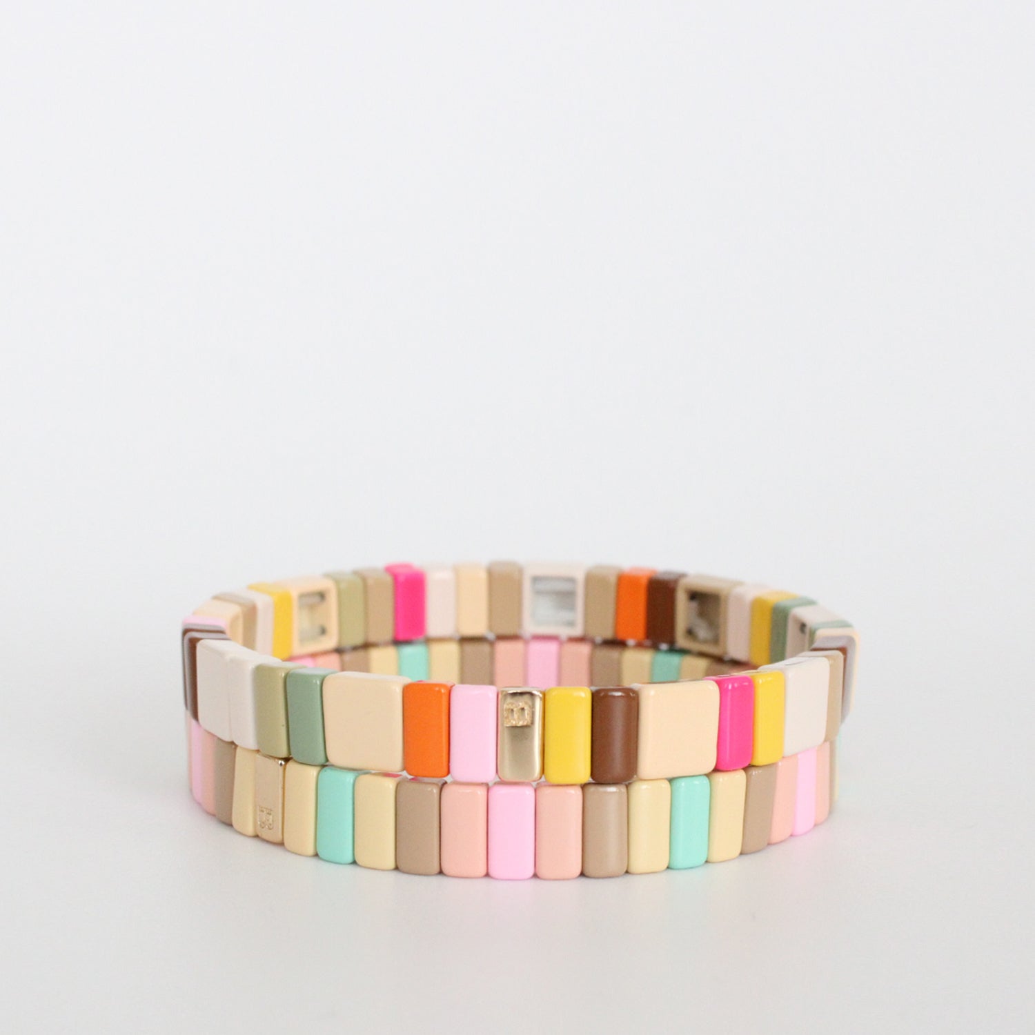 Square tile pastel multi color and cold stretch bracelet stack