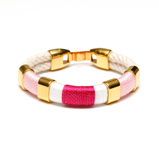 Hot pink white and light pink wrapped cord and rope bracelet with gold hardware