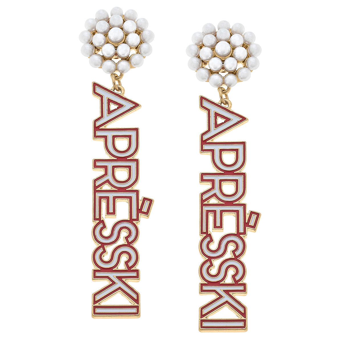 ivory with red apres ski earring with pearl clusters and gold accentsmulti color apres ski earring with pearl clusters and gold accents