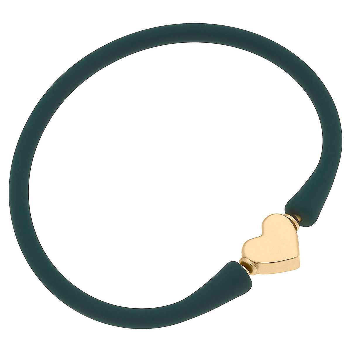 Gold heart charm with dark green silicone band bracelet