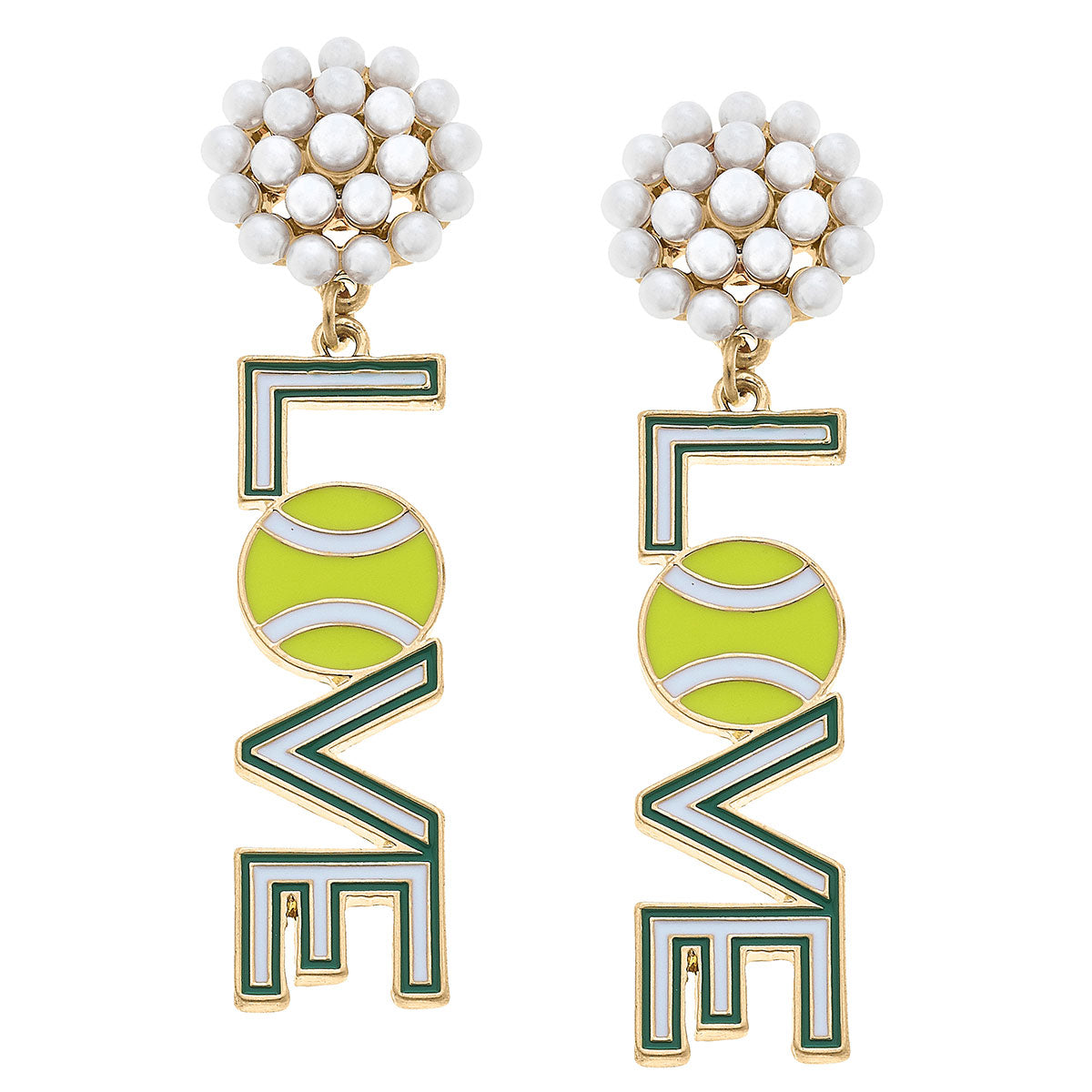 Pearl Cluster Green and Ivory LOVE tennis ball Drop Earring